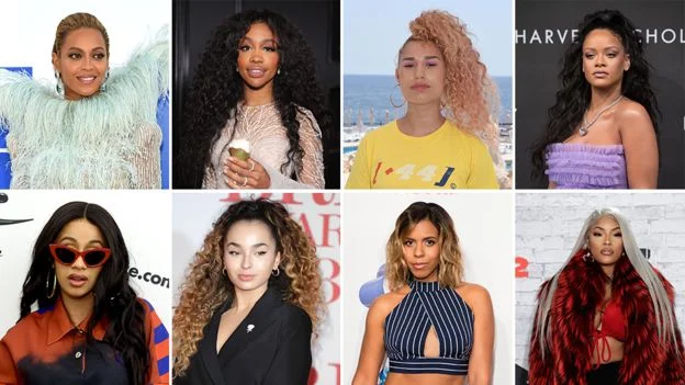 (L-R)Beyonce, Sza, Raye, Rihanna, Cardi B, Ella Eyre, Kelli-Leigh and Stefflon Don all appeared on top 10 hits since 2017