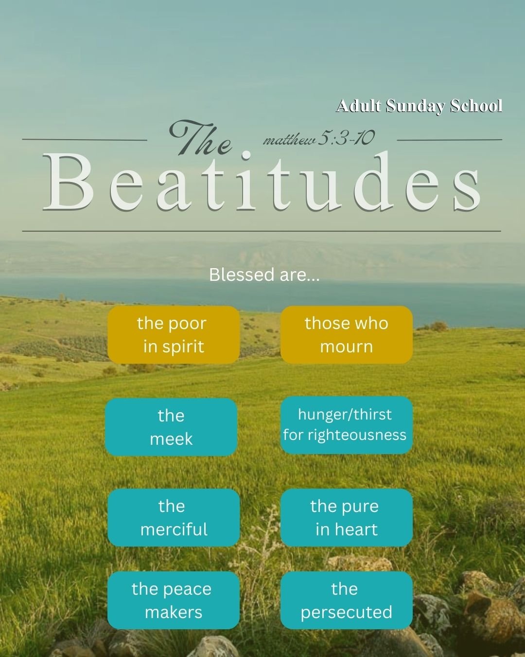Join us for Adult SS at 9:30 this Sunday for a deeper dive into the Beatitudes. SS classes are available for children of all ages, too.