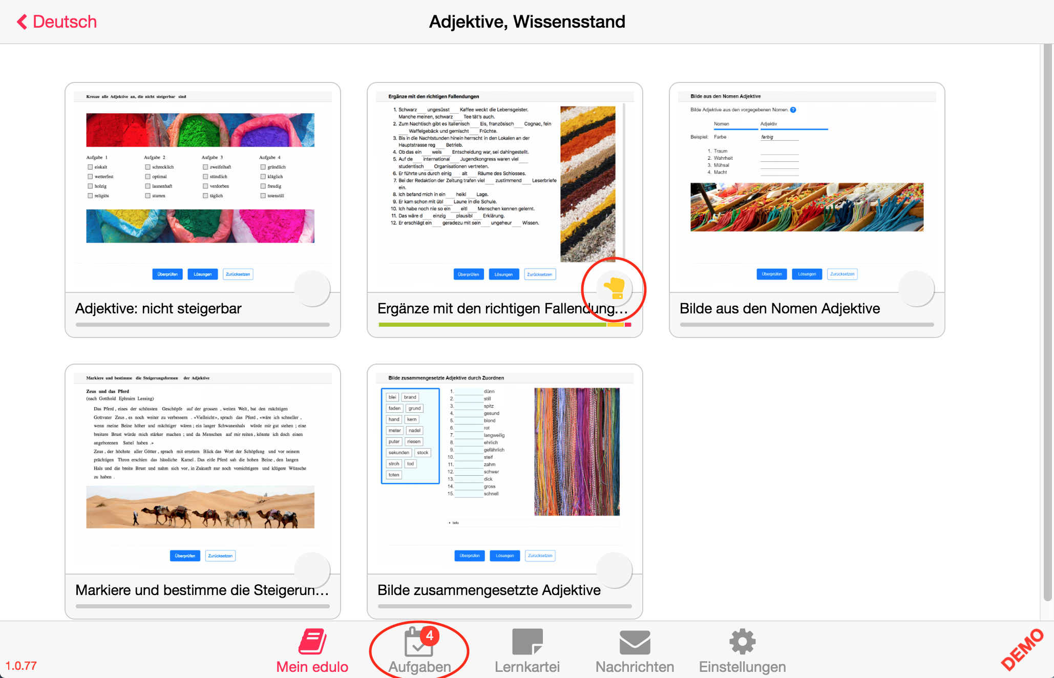 Der Zähler im Tab "Aufgaben" zeigt neu "4" an (vorher 5), d.h. die erledigte Übung wird nicht mehr als zu erledigen gezählt.