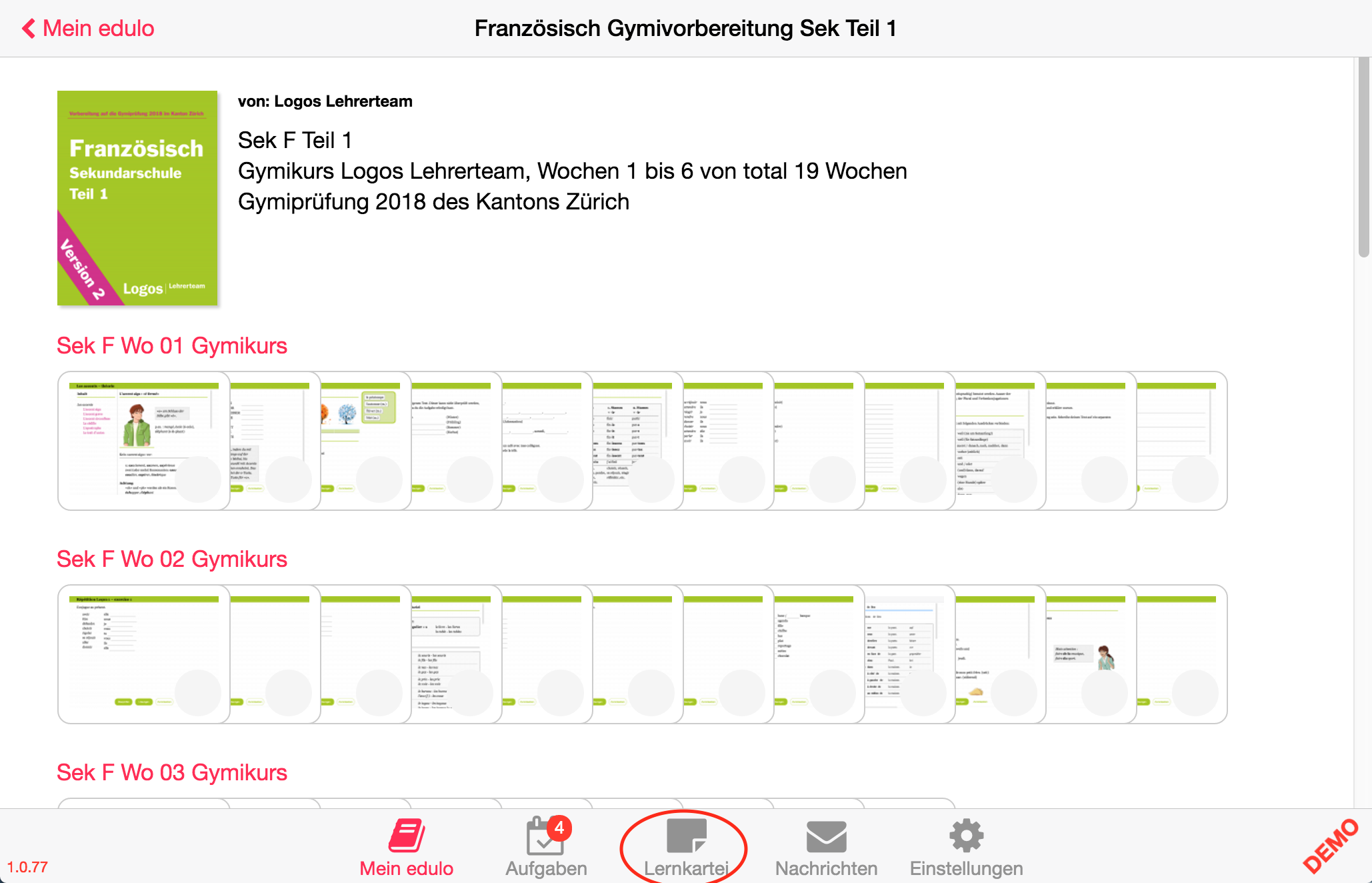 In edulo steht eine Lernkartei zur Verfügung, die sich automatisch füllt, wenn ein Lehrmittel Lernkarten enthält. Öffnet man z.B. das Kapitel "Sek F Wo 2 Gymikurs" in diesem Beispiel...