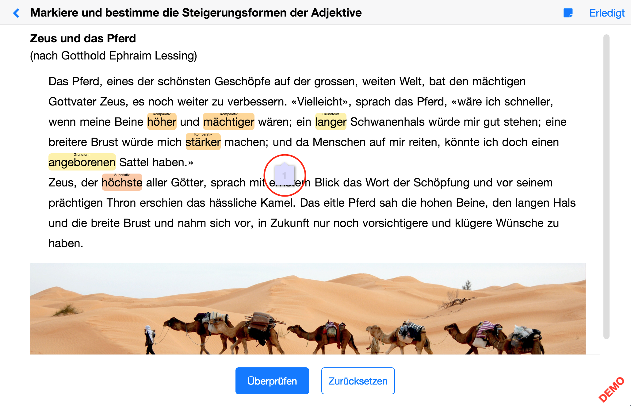 Die Notiz kann an eine andere Stelle der Übung platziert werden, indem sie angetippt und verschoben wird.