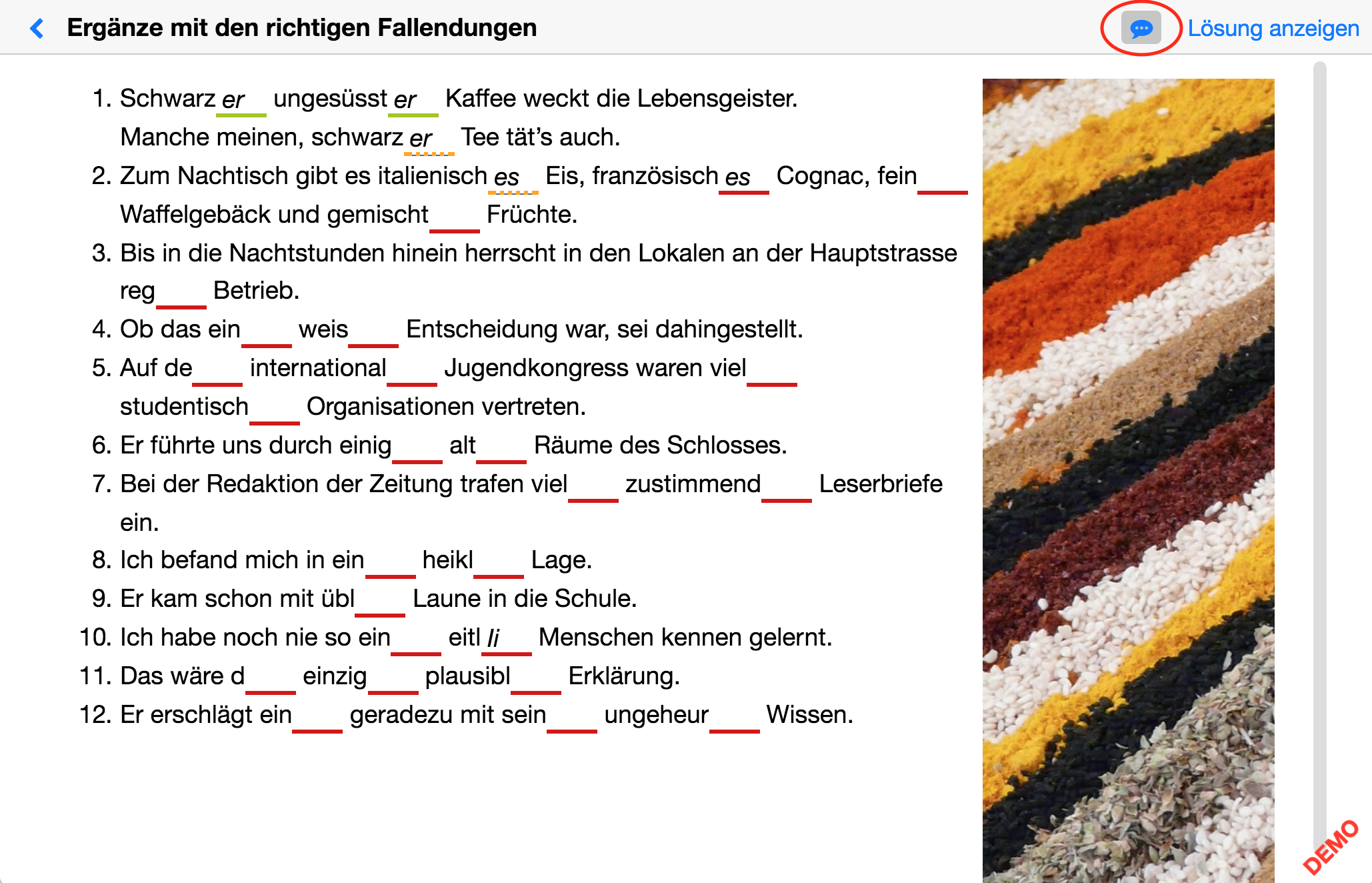 Auf das Sprechblasensymbol tippen und an die Stelle der Übung tippen, wo man eine Nachricht platzieren will.