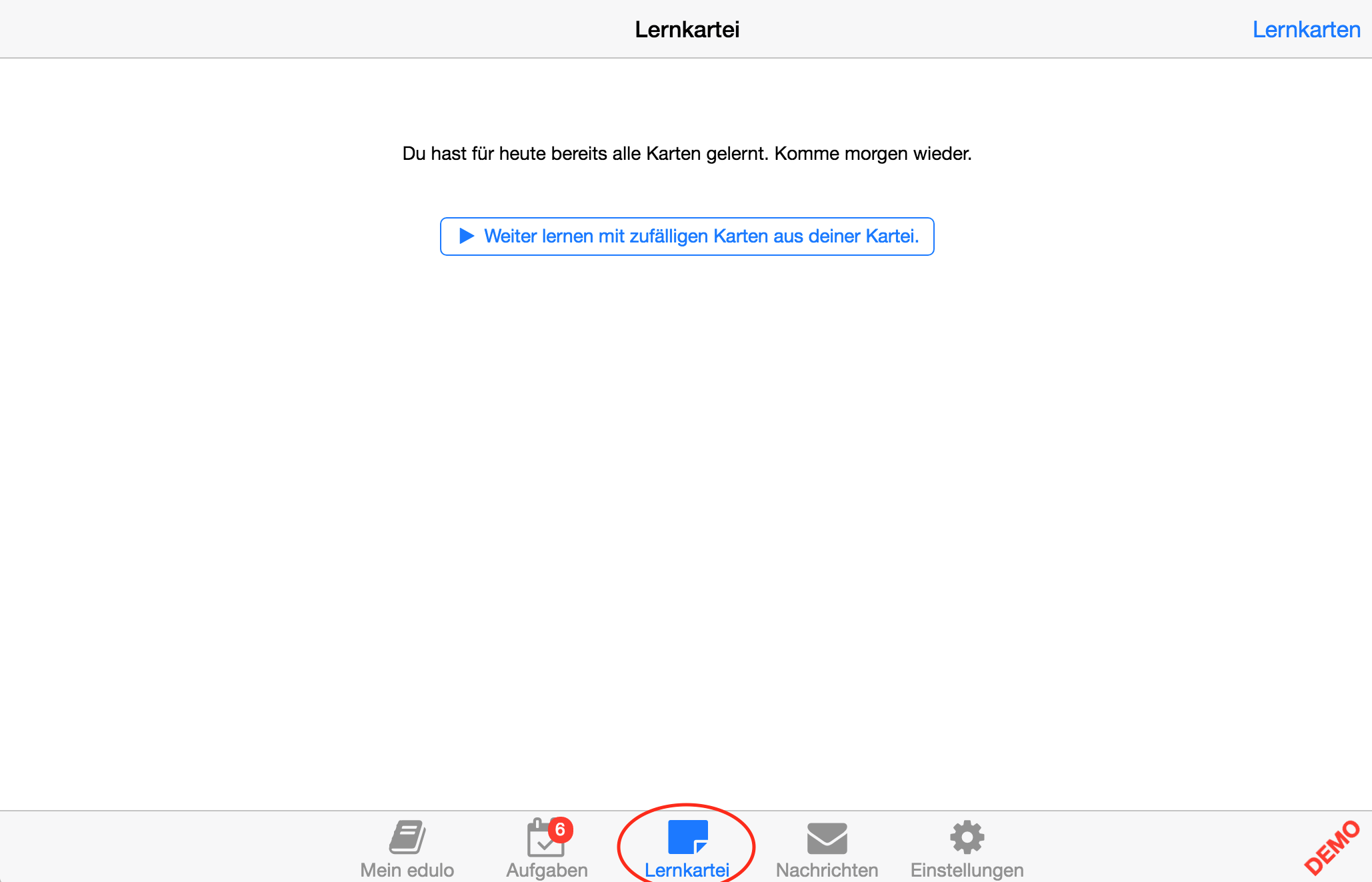 Sind alle Kärtchen einmal durchgearbeitet, kann man entweder am nächsten Tag schauen, welche Karten zum Üben vorgeschlagen werden (nach Leitner), oder…