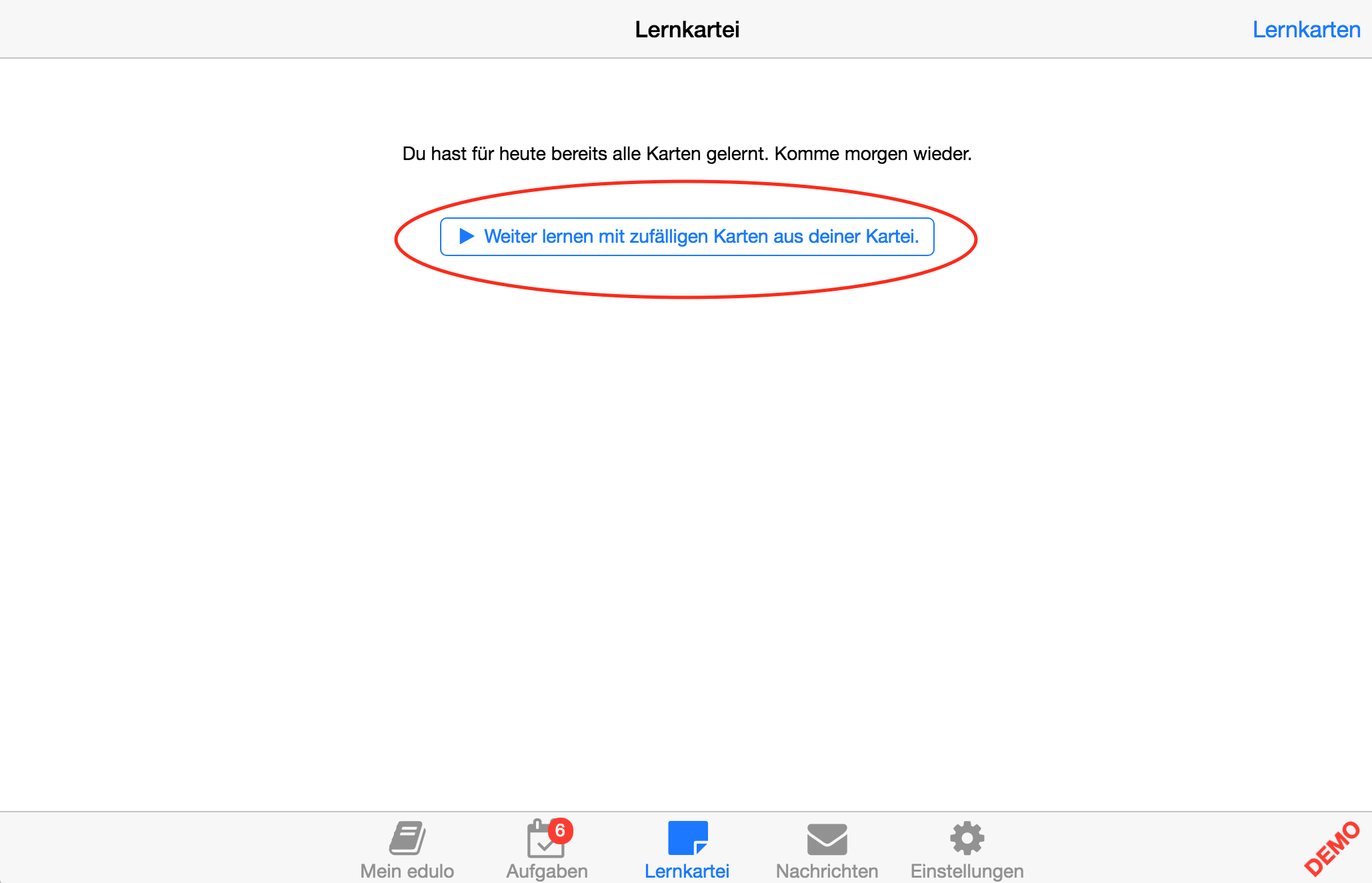 … man tippt auf die Taste “Weiter lernen mit zufälligen Karten aus deiner Kartei.” um das freie Lernen zu aktivieren. Auch im freien Lernen werden nur Kärtchen angezeigt, die der Studierende zuvor auf “aktiv” gestellt hat.