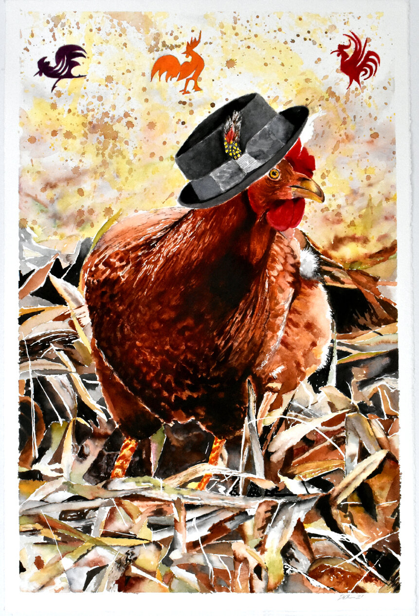 Chicken Escaped with Pork Pie Hat 15x22" on 140lb Lanaquarelle Paper