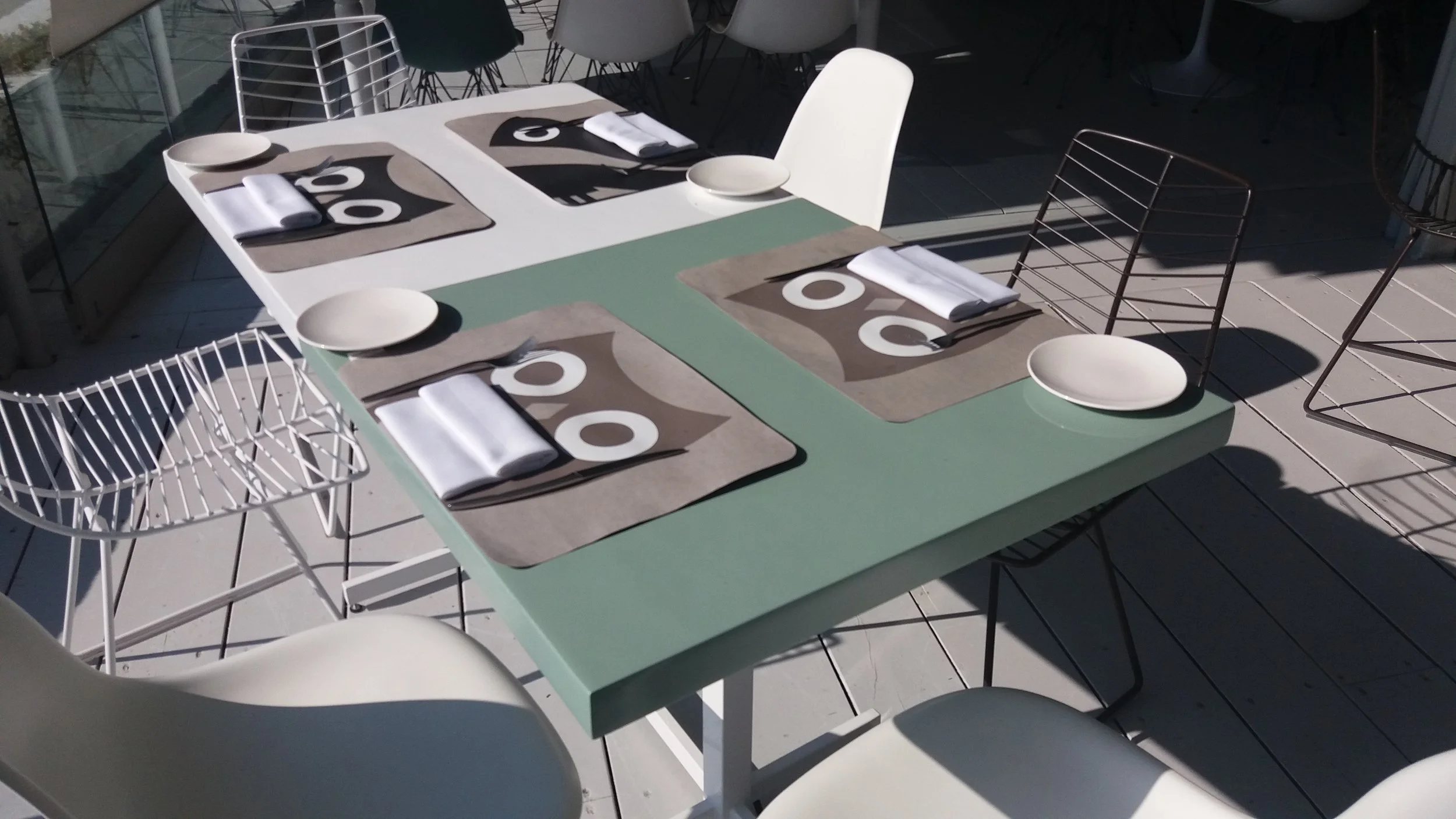 Handmade Square fiberglass encased table tops.