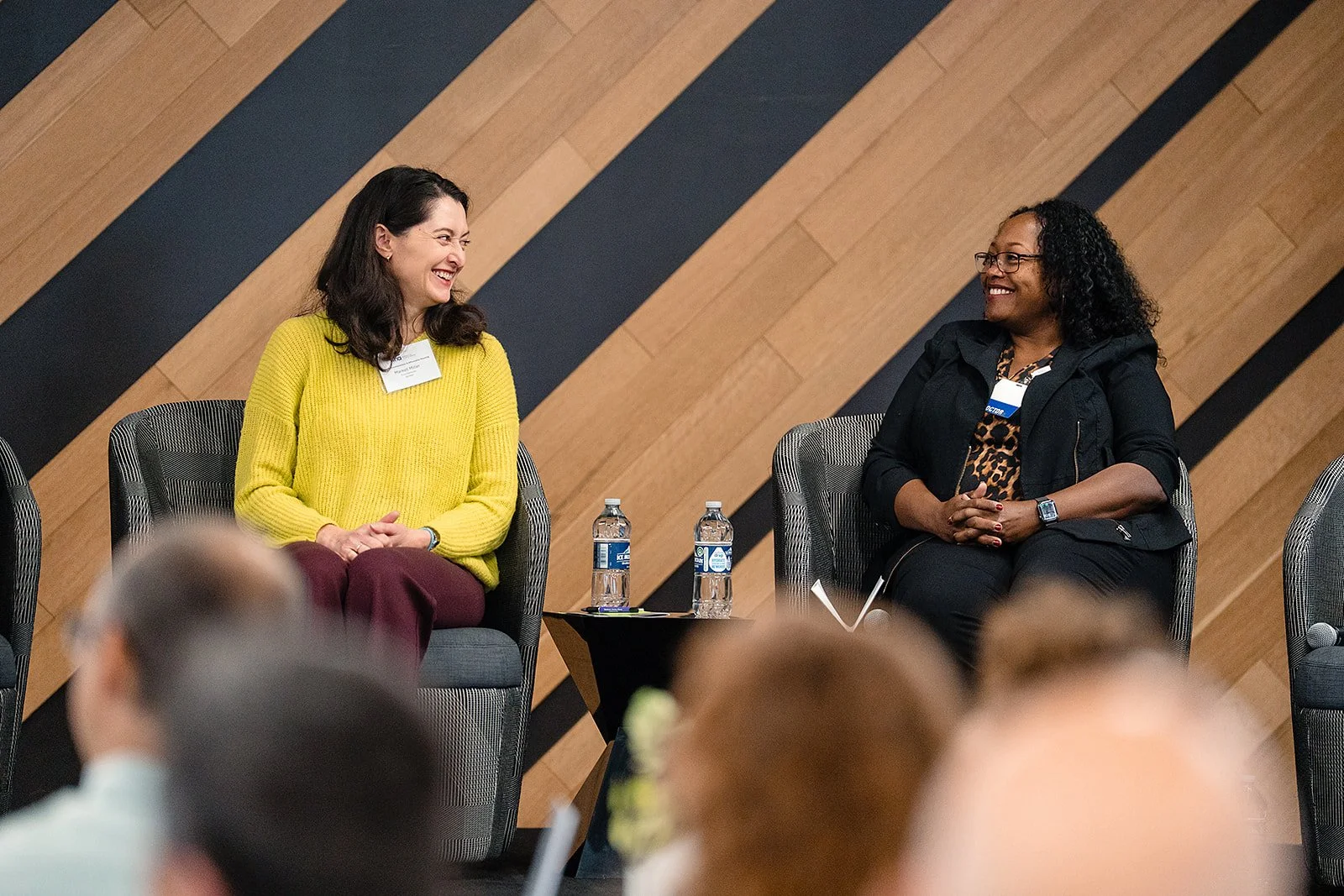 Image is of two panel speakers sitting on stage smiling at one another.