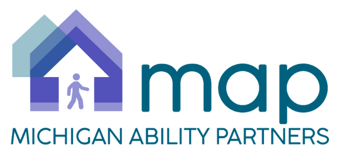 Image is a logo. On right it reads, "map. Michigan Ability Partners." On left is an image of a house inside a house inside a house over a smaller house. Inside the white house is a person in light blue.