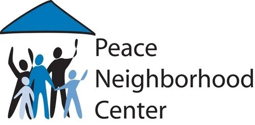 Image is a logo with people under a blue house roof. To right it reads, "Peace Neighborhood Center."