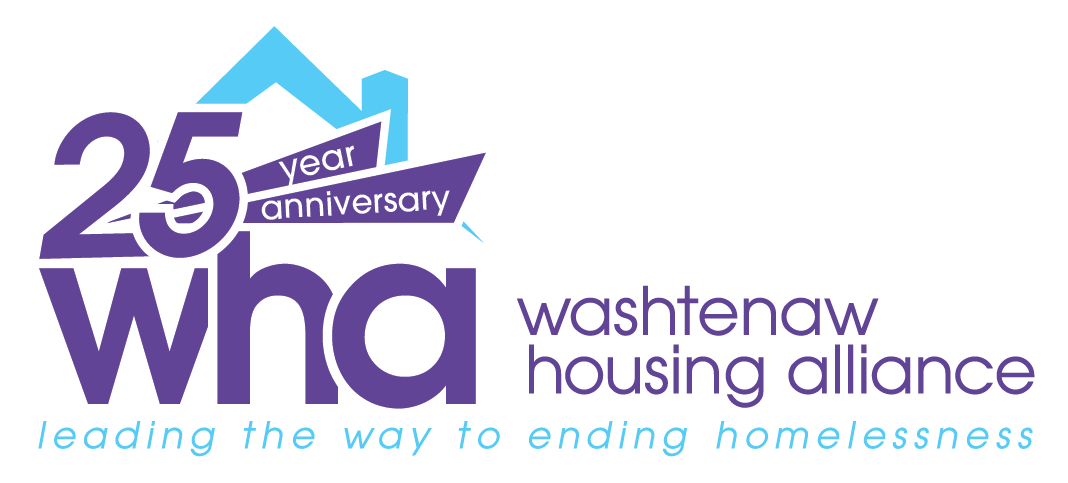 Image is a logo with purple text reading, "25 year anniversary washtenaw housing alliance." Above the 25 is a blue outline of a house roof. In blue text at bottom, reads, "leading the way to ending homelessness."