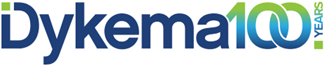 Image is blue and green text reading, "Dykema 100."