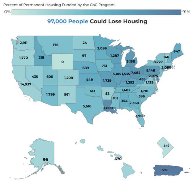 Image is a map of the U.S. showing the number of people who could lose housing in each state if permanent housing funding in the CoC Program is changed and/or cut.
