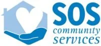 Image is a logo. On right in blue letters it reads, "SOS community services." To the left is a image in blue of a hand holding a house with a white heart in the center.