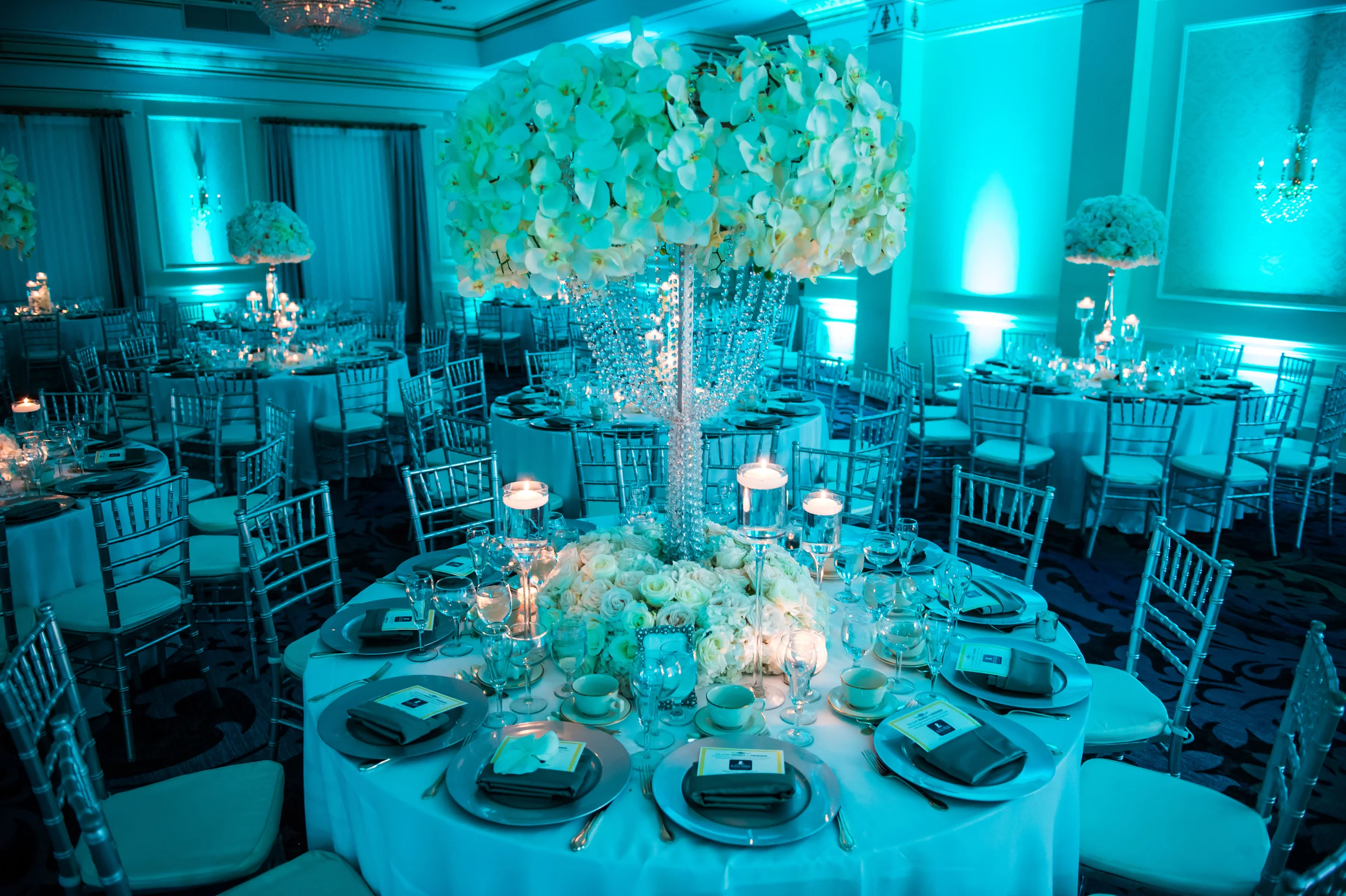 BLUE RECEPTION WITH WHITE FLOWERS