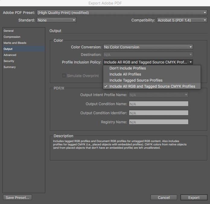 Export Step 3: Include All RGB and Tagged Source CMYK Profiles
