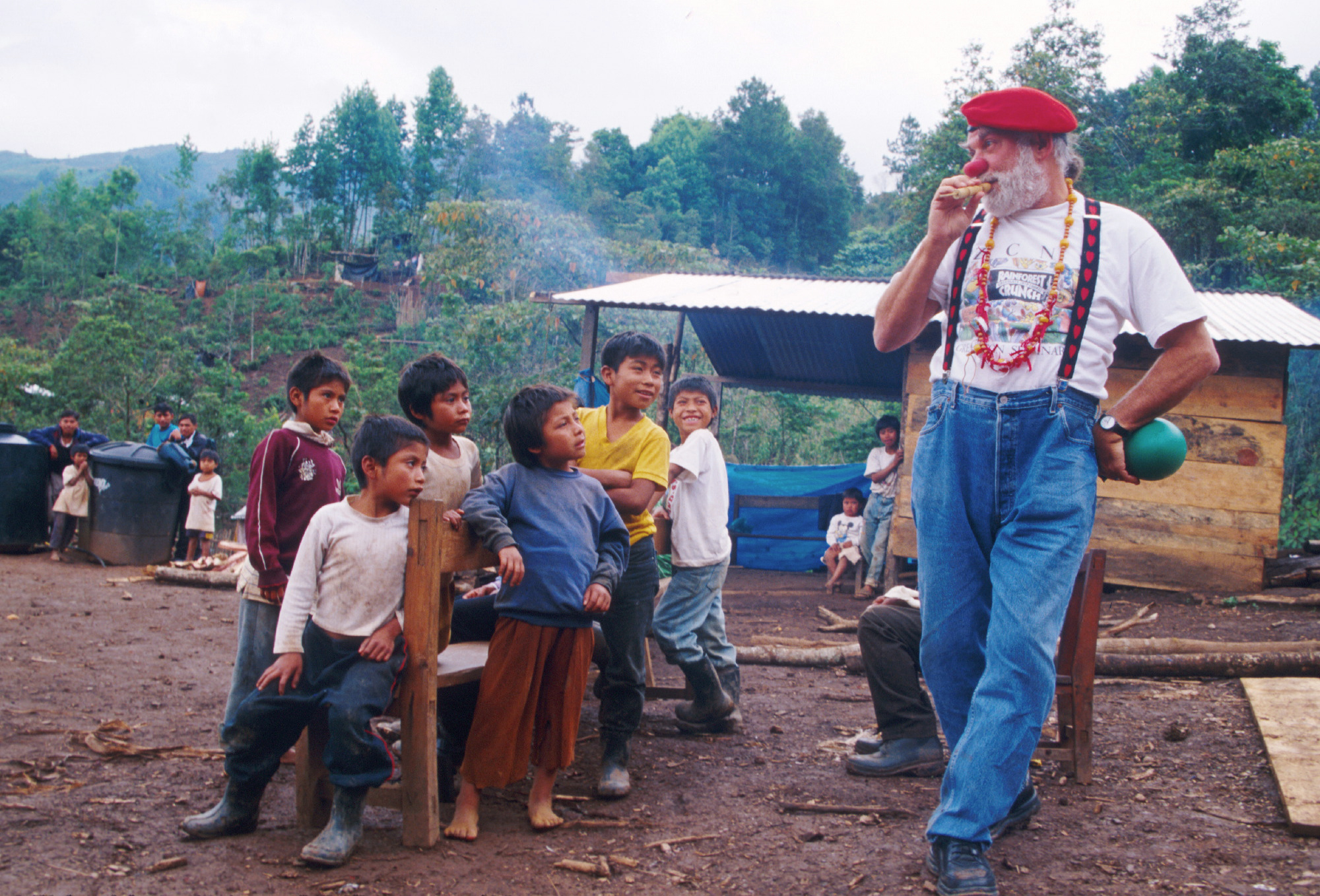 Bernie trained as a clown under Wavy Gravy and Mr.Yoowho, Moshe Cohen. This is a "Clowns without Borders" performance in Chiapas in 2001
