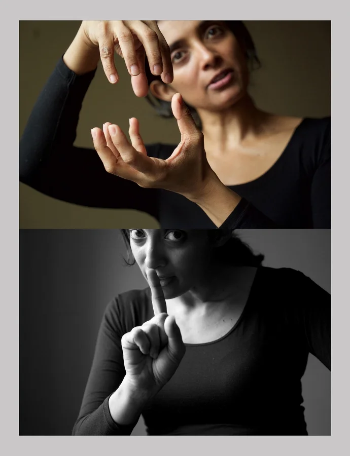 Preeti Vasudevan tells stories with her hands in preparation for a 2017 show at New York Live Art s in collaboration with Paul Kaiser . Chelsea, NYC, March 23, 2016