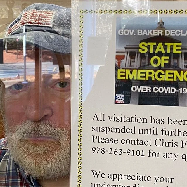 My brother Bill locked into his nursing home. The second picture is a clever social distance costume by nurse J. Who is working nearly 100 hours a week. Bill is now recovering from a mild case.