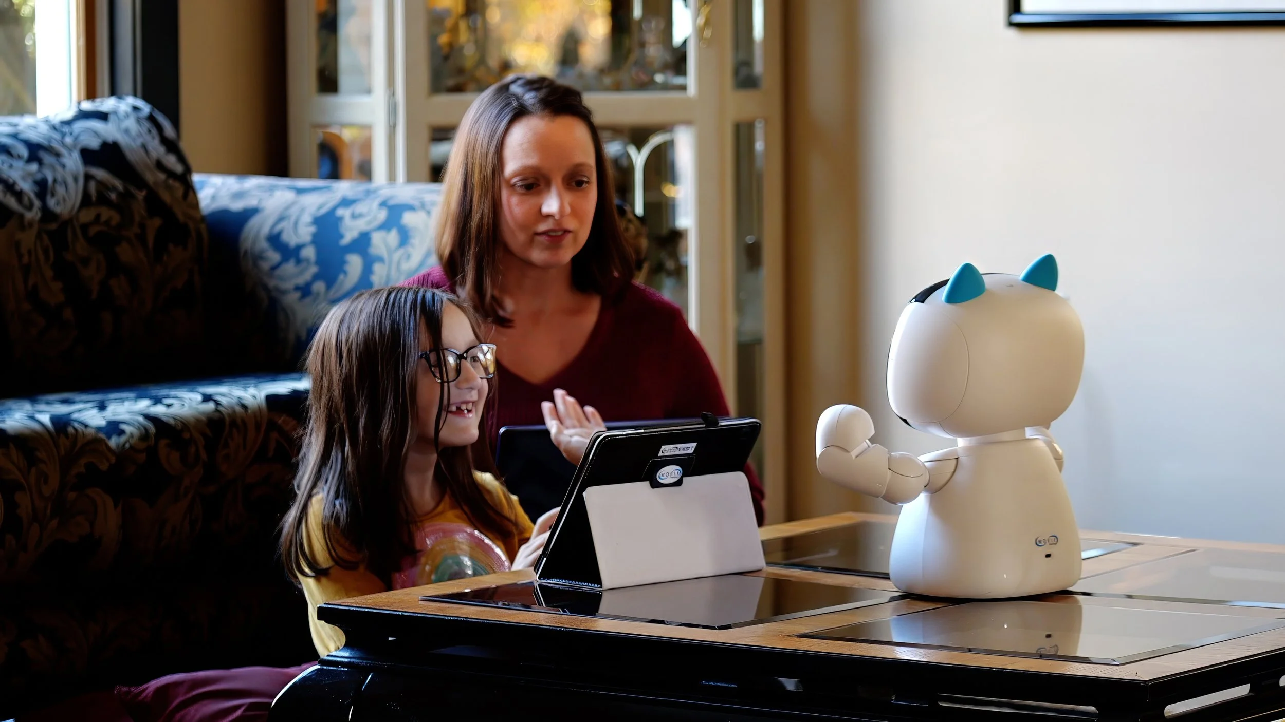 Young girl interacting with a robot, capturing a moment of curiosity, human connection, and the intersection of technology and imagination.