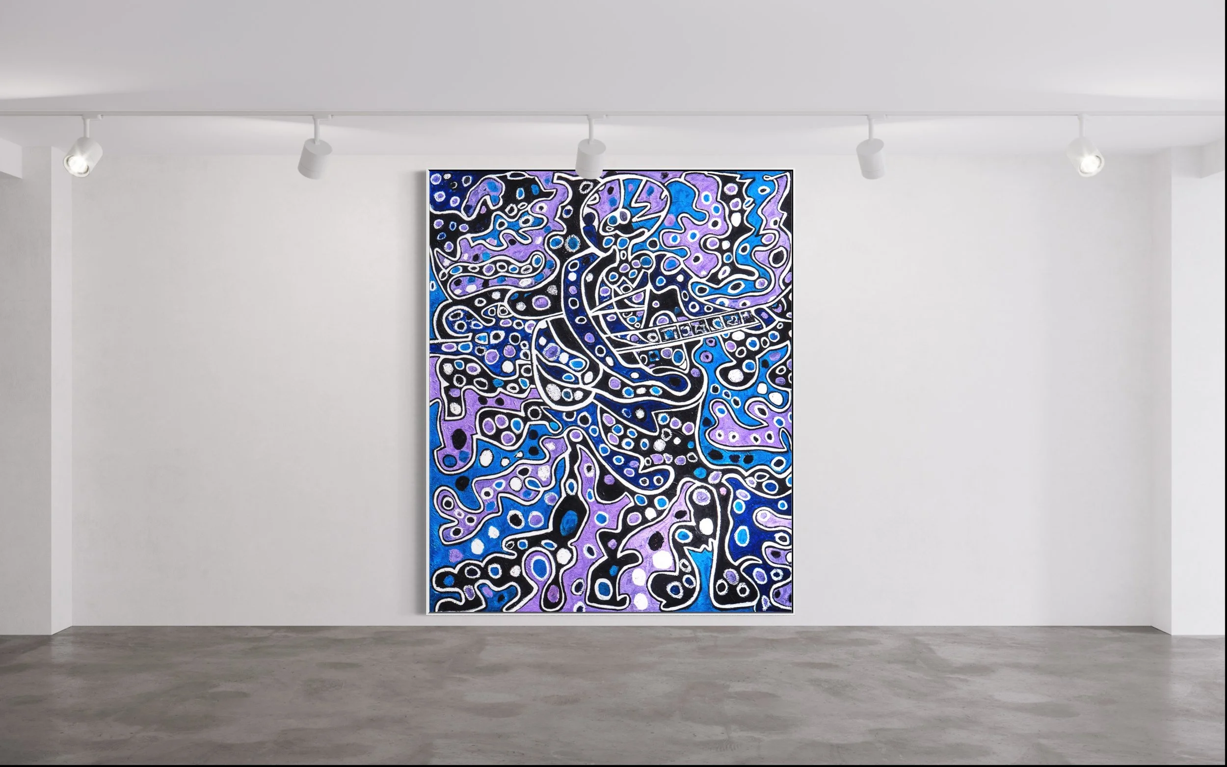 Abstract oil painting Savior Faire by Savannah GA Artist Charles Maring, rich iridescent purples and blues, white map-like lines reveal a guitar player.