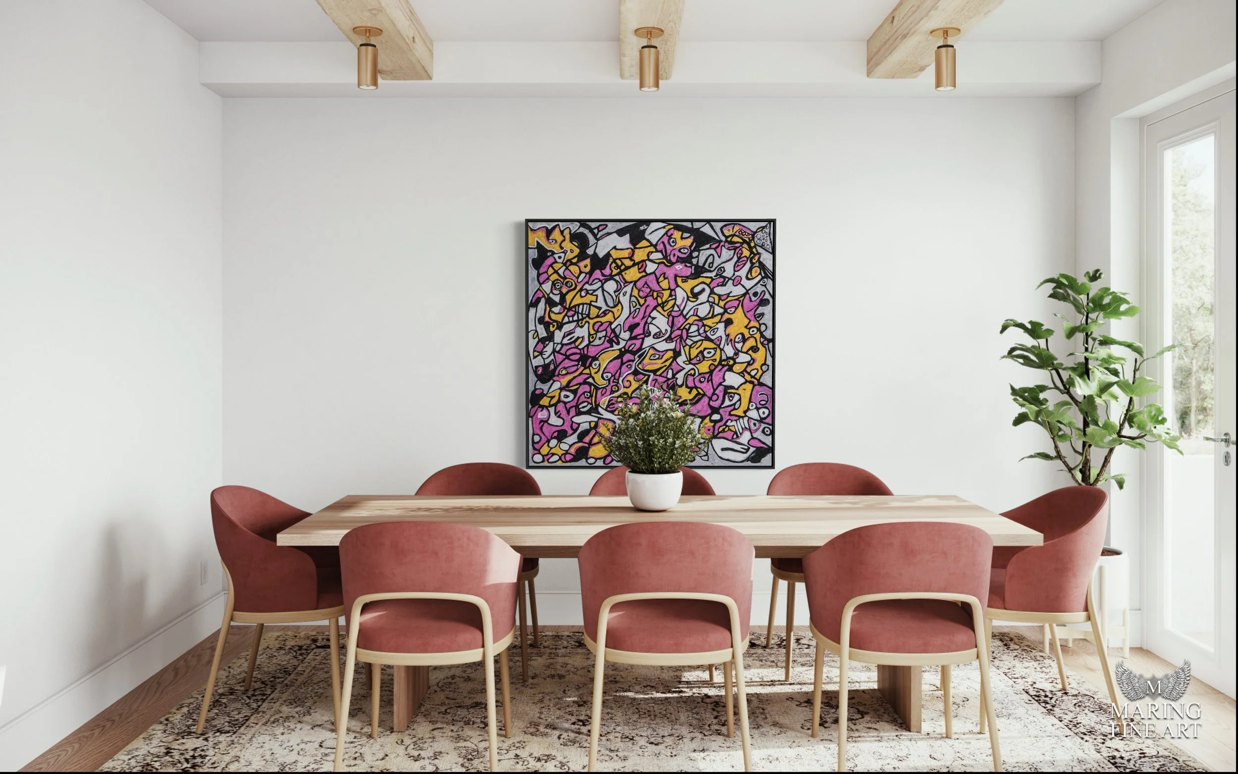 Abstract oil painting by Charles Maring, 48x48, with pink, gold, silver, black, and white tones; strange characters emerge upon close study.
