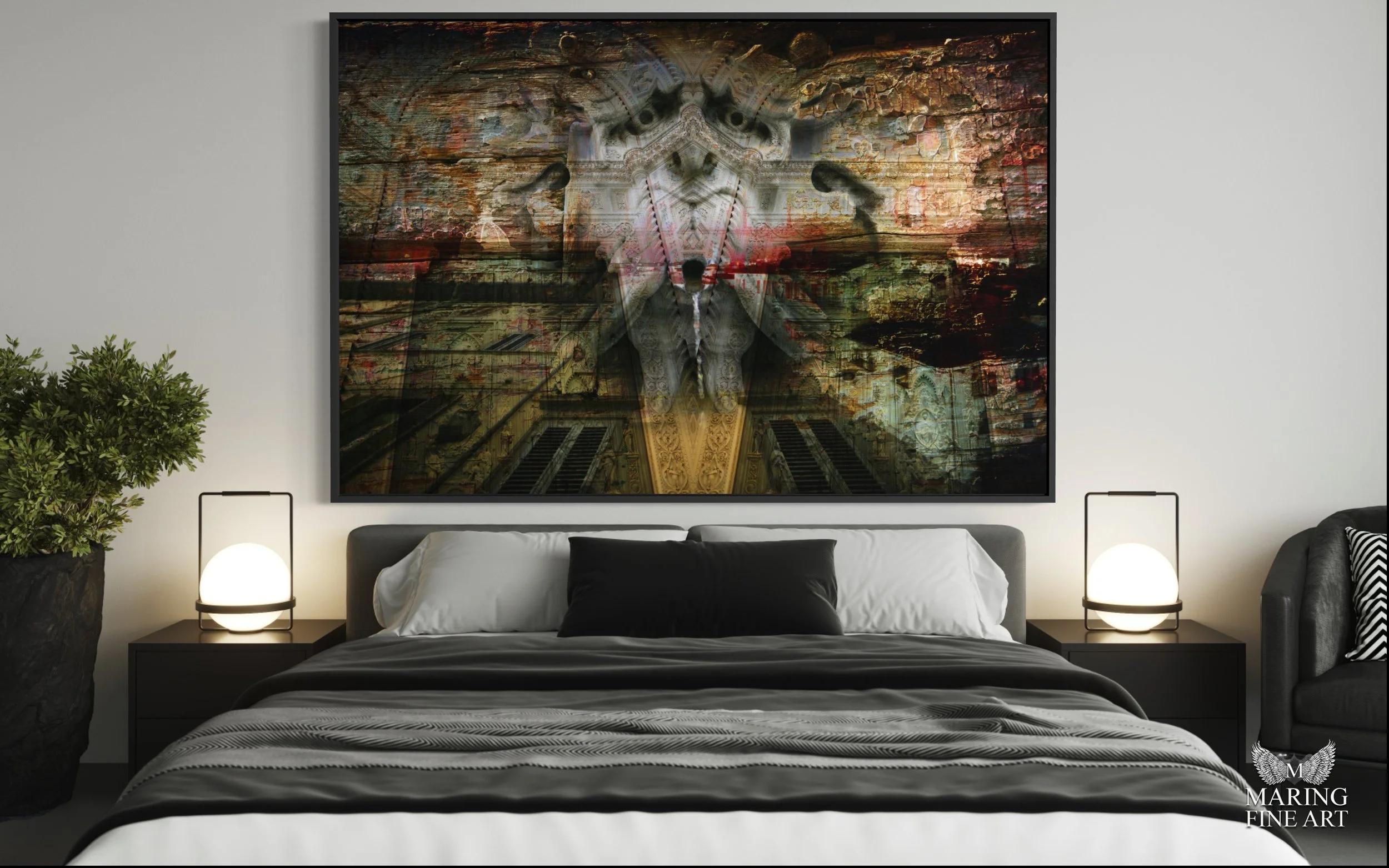 Abstract metal print titled 'Cradle of the Renaissance,' featuring textures from Florence, Italy, including city doors, gargoyles, fountains, and the Duomo, artfully blended into a captivating design.