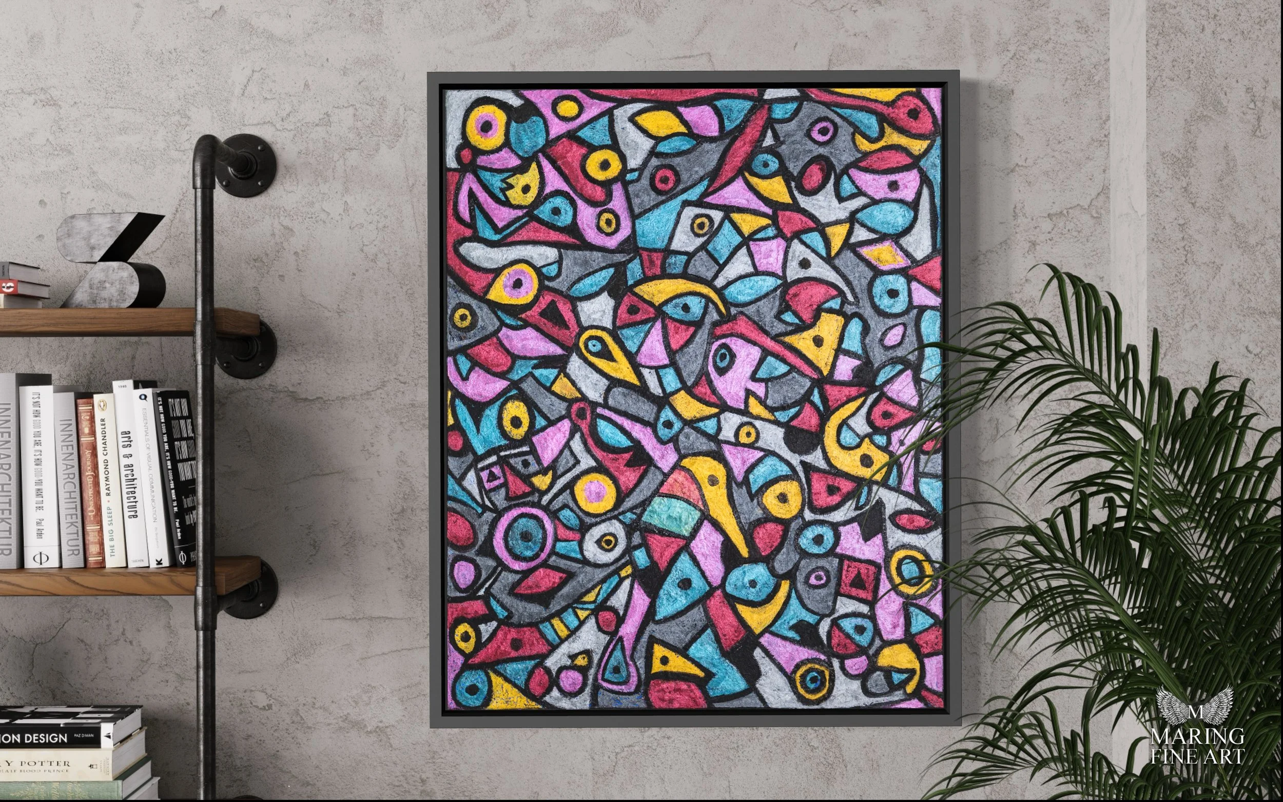 "Prismatic" by Savannah GA based Artist Charles Maring: An oil painting with iridescent colors and abstract shapes that reveal hidden characters through self-discovery.