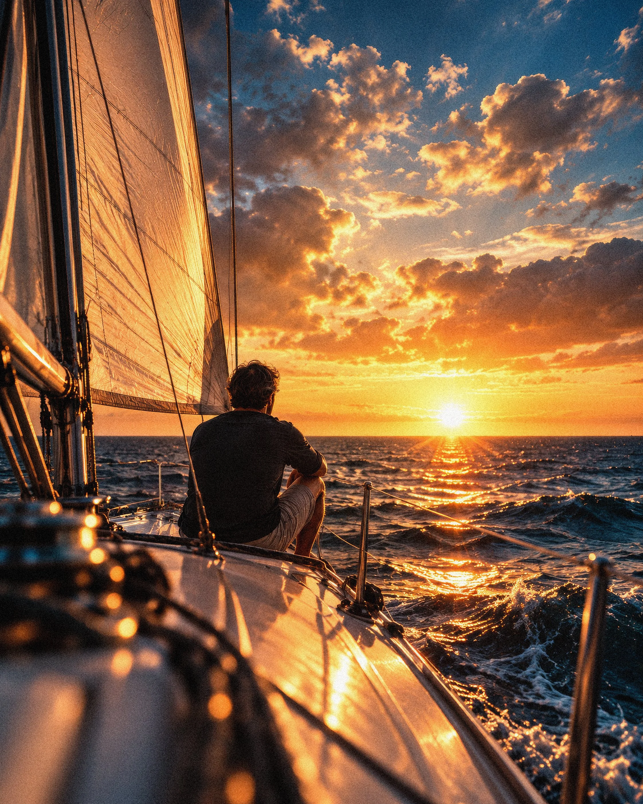 A lone sailor sits on the deck of a sailboat overlooking a golden ocean sunset, symbolizing new beginnings, personal reinvention, and the courage to explore life's possibilities.
