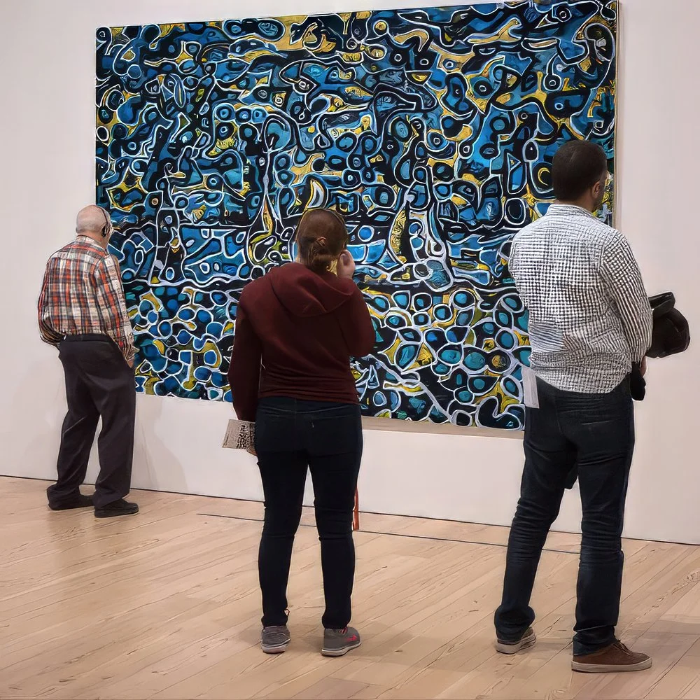 Visitors viewing Charles Maring’s The Midnight Sky, a large scale abstract figurative painting during a gallery exhibition.