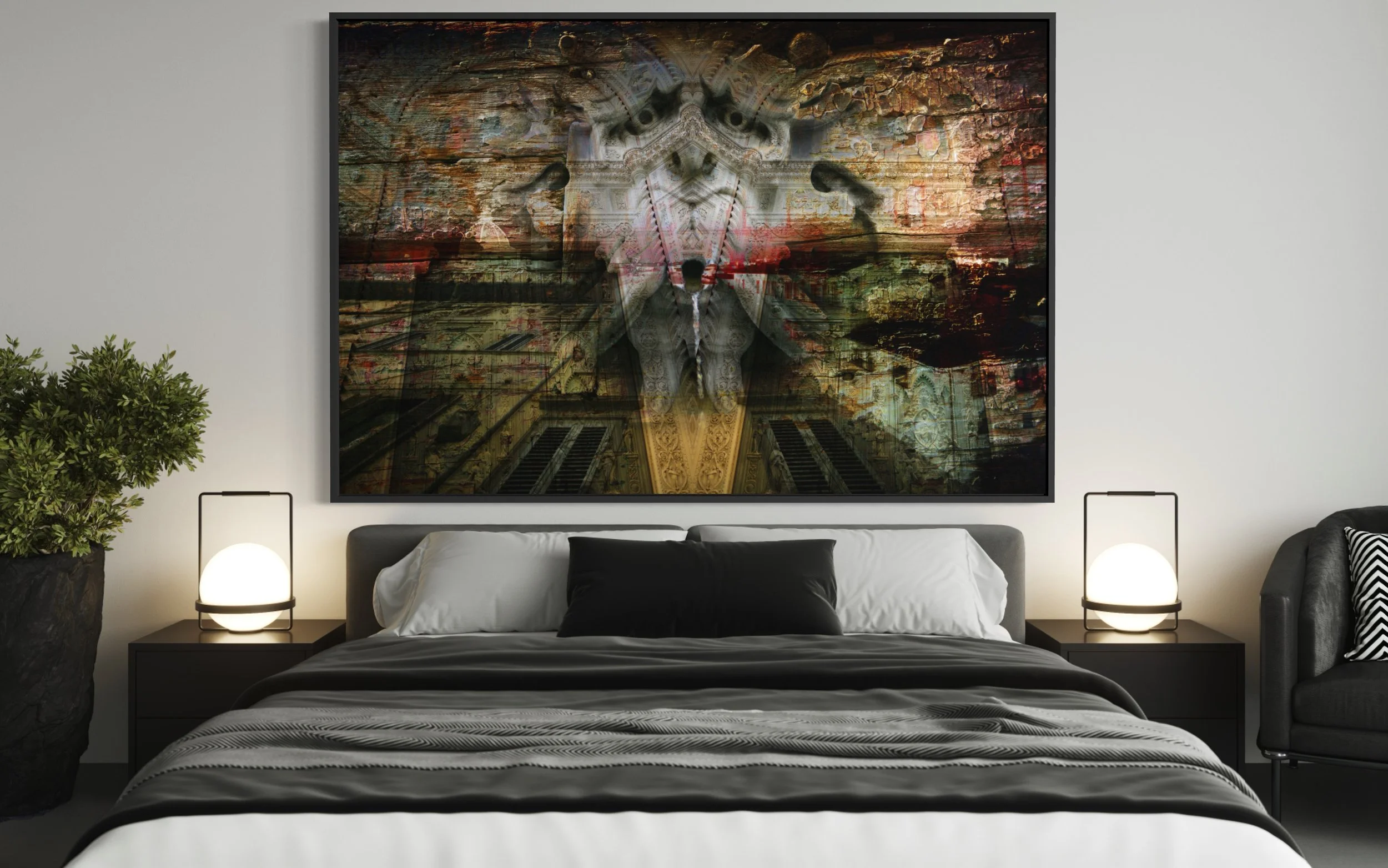 Large-scale installation of Cradle of the Renaissance by Charles Maring, a dark photographic abstraction displayed above a bed in a contemporary interior.