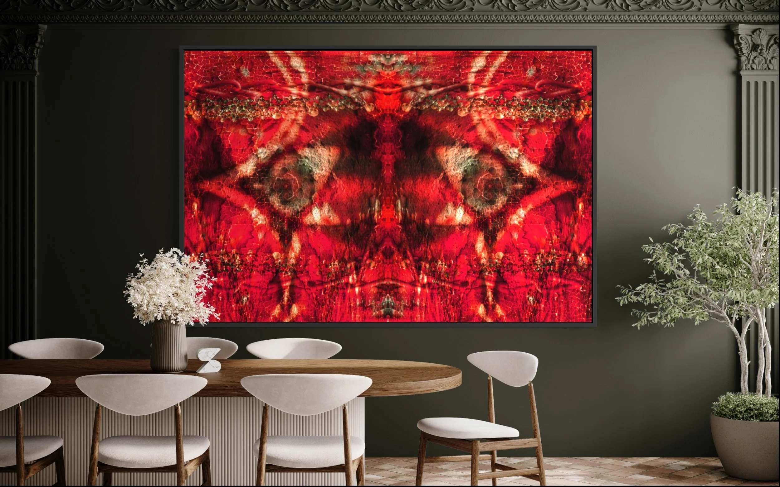 Large-scale installation of The King by Charles Maring, a vivid red symmetrical photographic abstraction displayed in a contemporary dining room.
