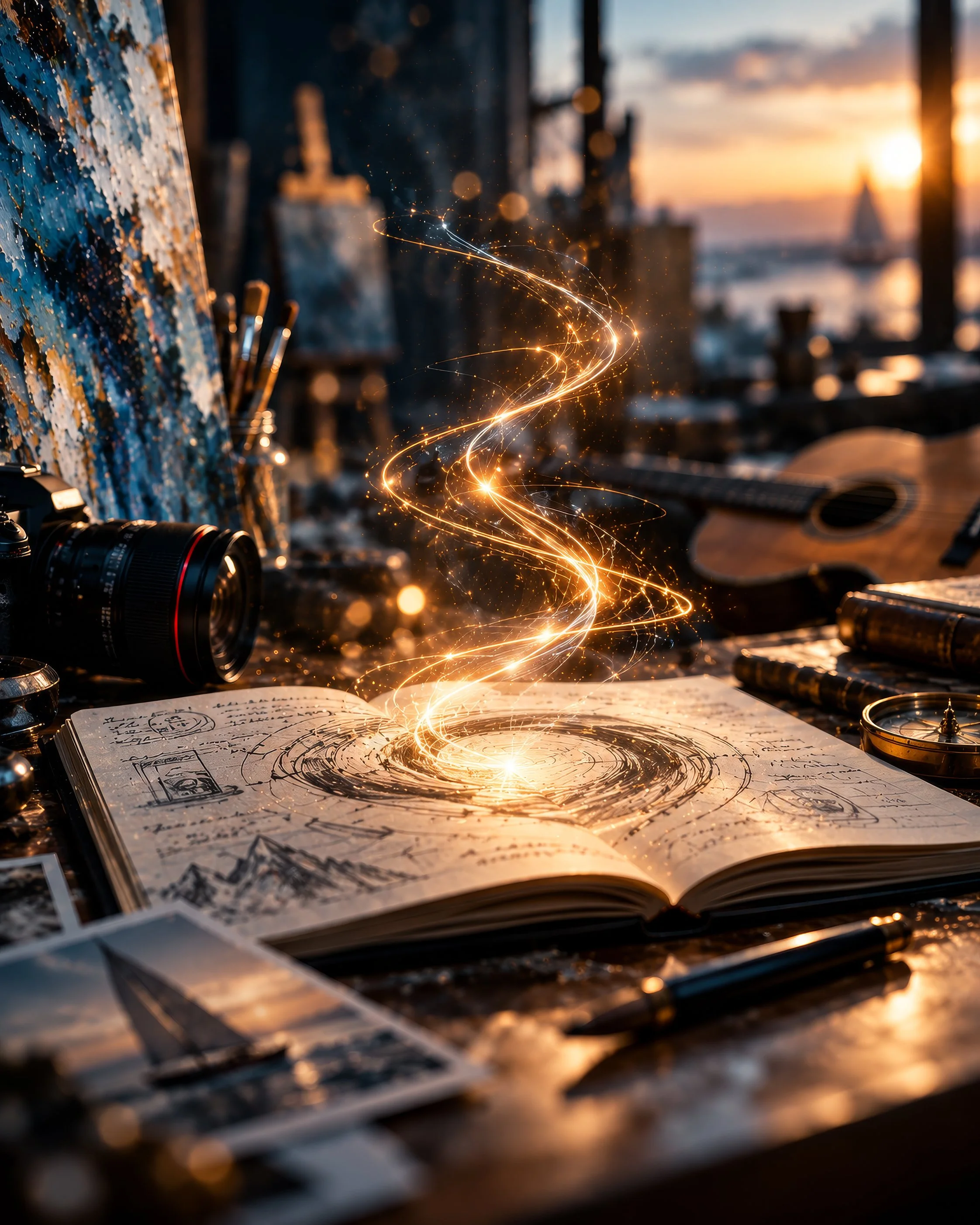 A glowing creative idea rises from an open sketchbook, surrounded by a camera, paintbrushes, acoustic guitar, and artistic materials, symbolizing how curiosity and imagination spark new possibilities in The Creative Flywheel keynote.