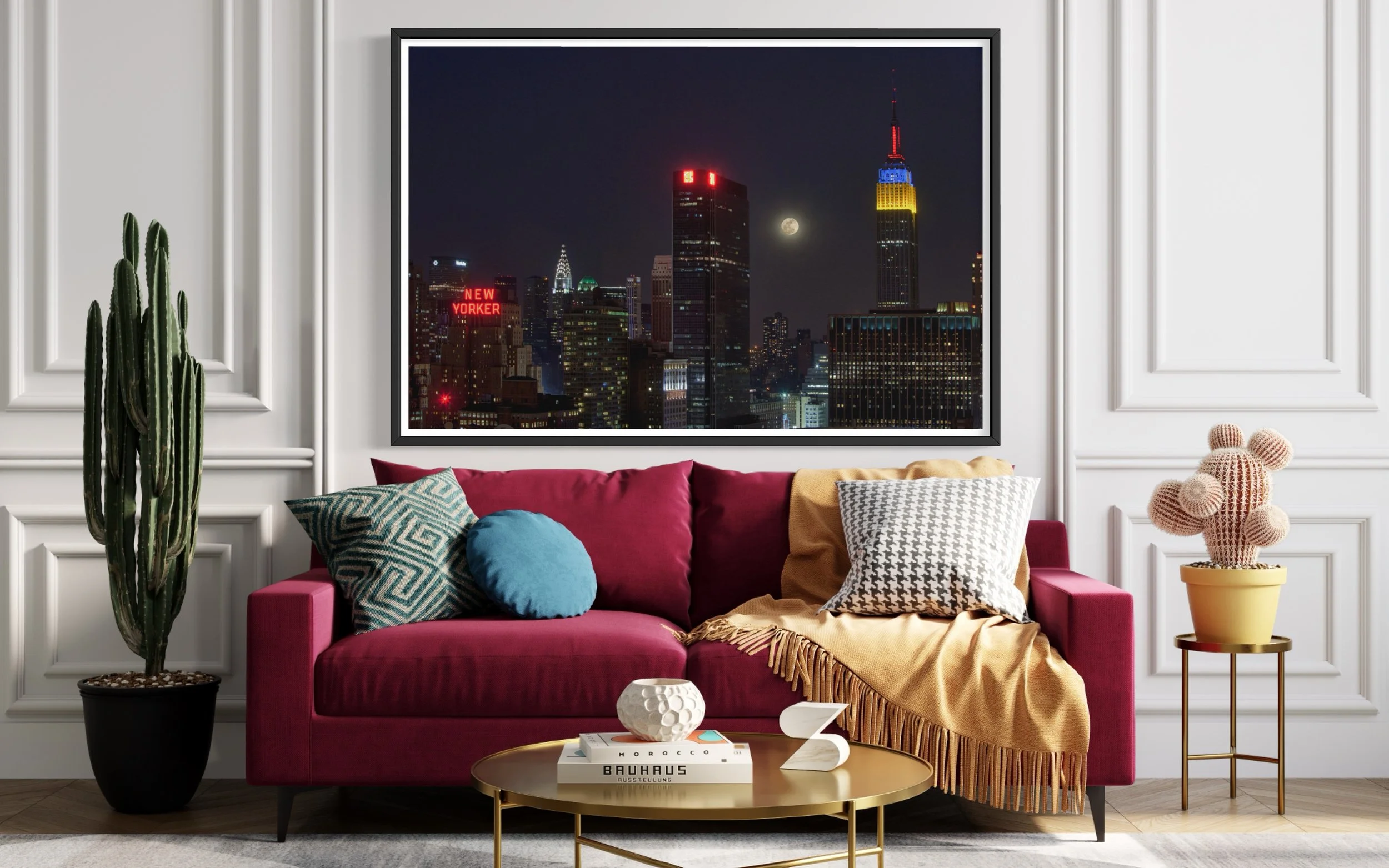 Manhattan at Full Moon, New York City. Moonlight and the illuminated skyline hold the city between atmosphere, architecture, and night.