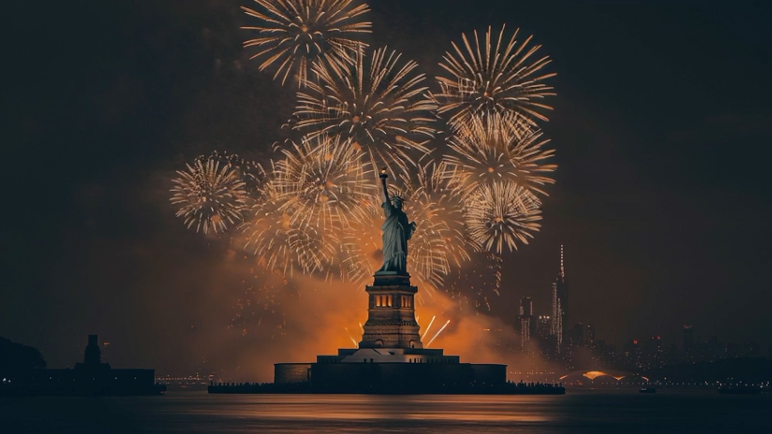 Statue of Liberty surrounded by fireworks at night in a cinematic Fourth of July scene.
