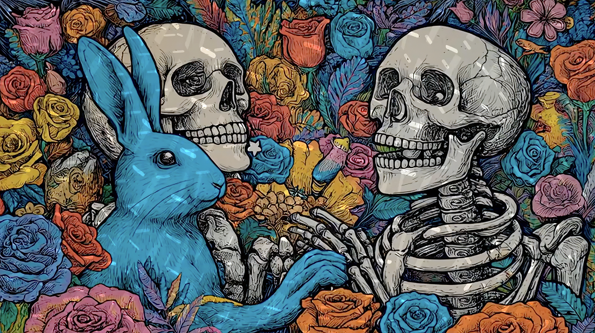 Surreal skeletons and a blue rabbit surrounded by colorful flowers in an animated visual world created by Charles Maring.