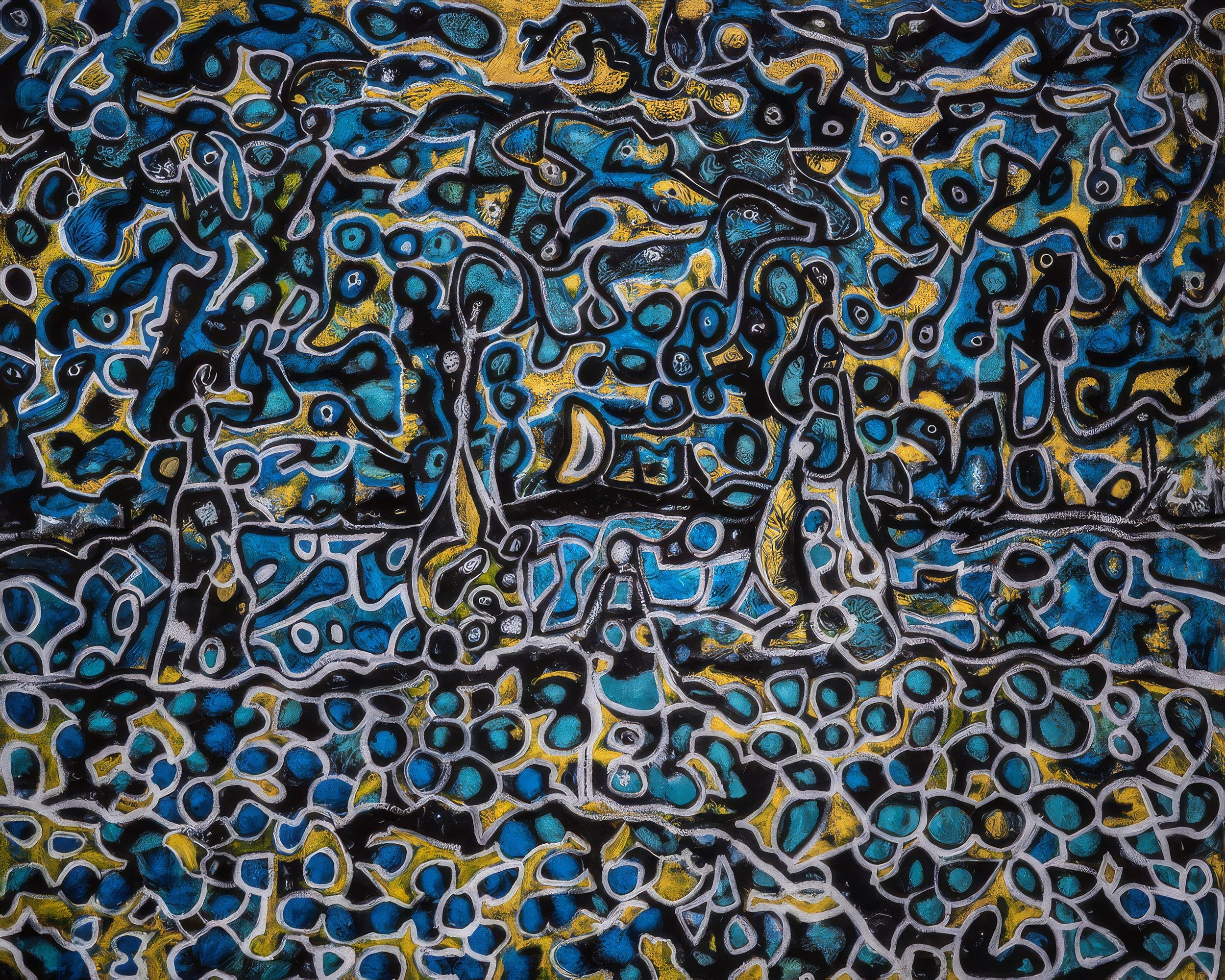 The Midnight Sky by Charles Maring, an expressive painting filled with abstract figures, faces, creatures and nocturnal blue and yellow forms.