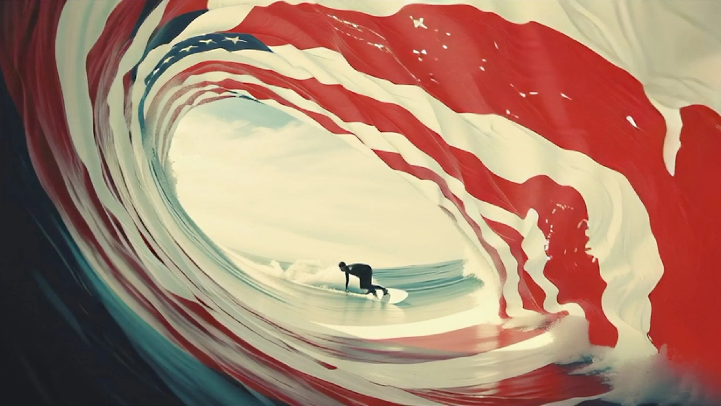 Surfer inside a stylized wave formed from flowing red, white and blue American flag imagery.