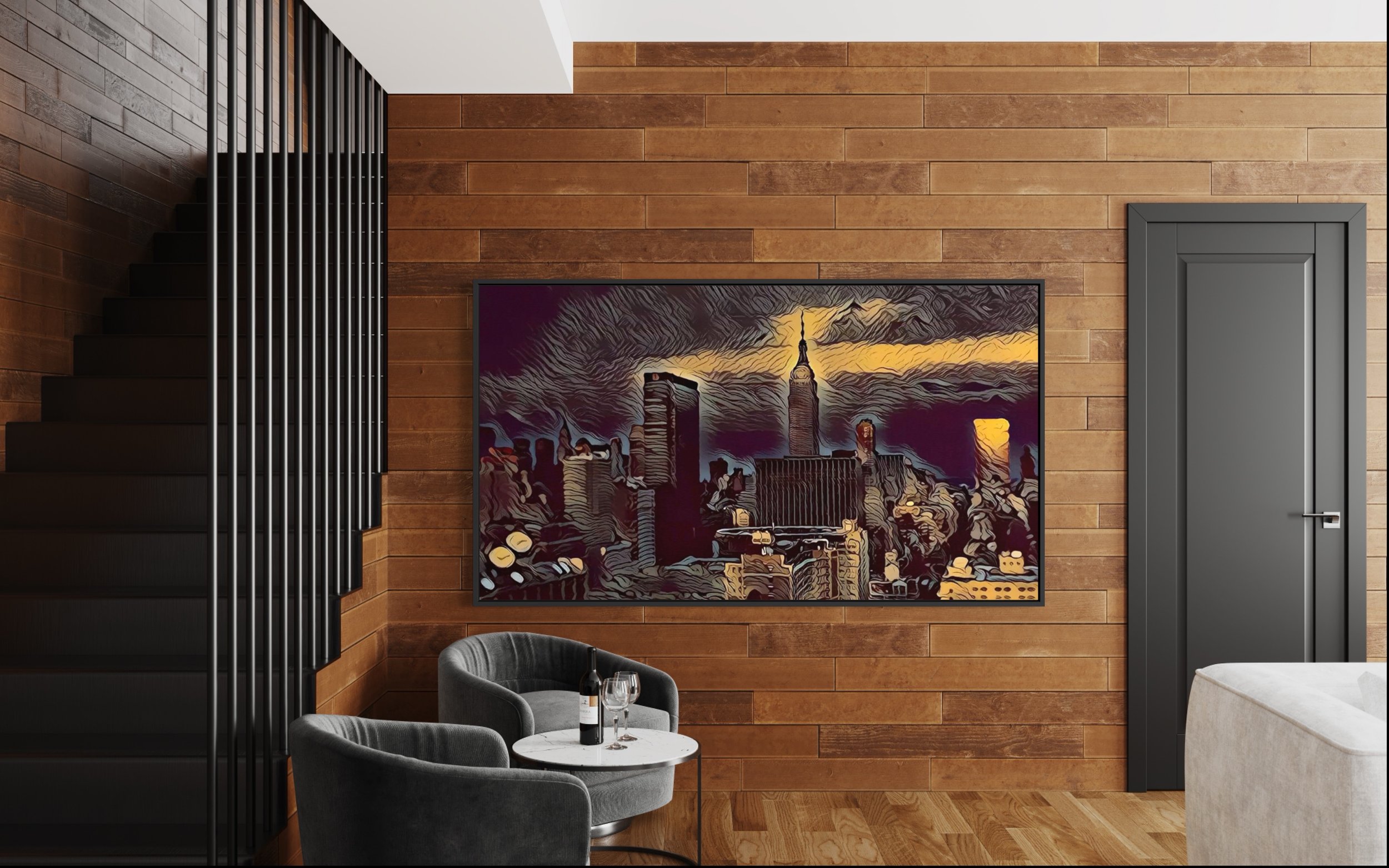 The Manhattan skyline and Empire State Building are transformed through expressive linework, saturated color and deep contrast, revealing the restless energy of New York after dark.