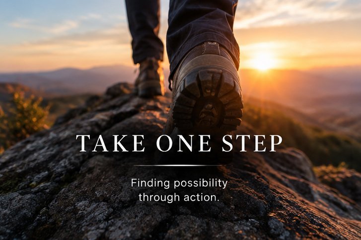 Hiker taking a step along a mountain trail at sunset, symbolizing courage, action, and opportunity in Charles Maring's Take One Step keynote.