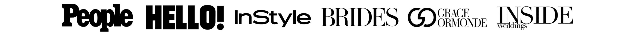 A horizontal collage of various magazine and publication logos, including 'People', 'HELLO!', 'InStyle', 'BRIDES', 'Grace Ormonde', 'Inside Weddings', displayed in different fonts and sizes where Charles Maring's work has been featured.