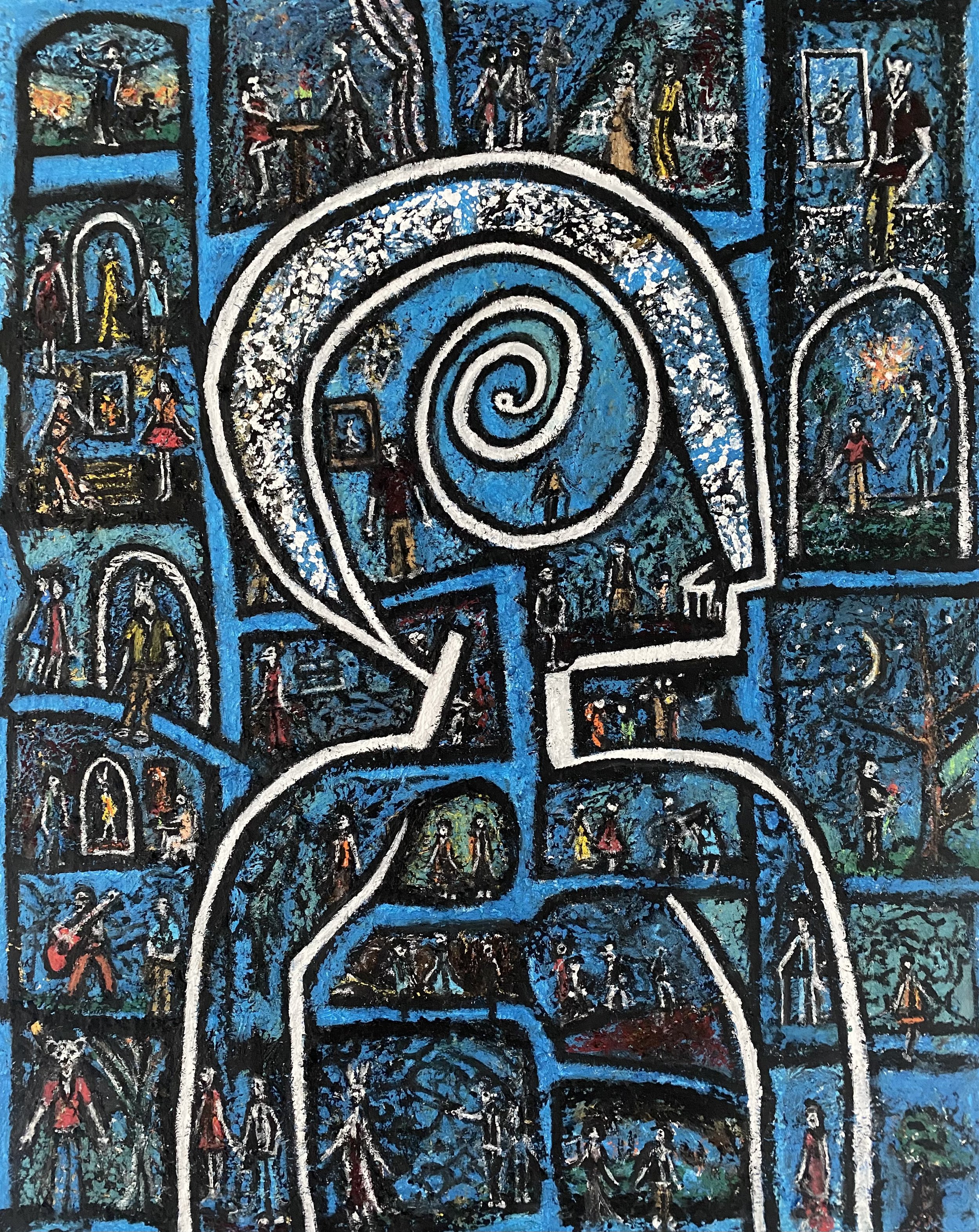 Iridescent blue abstract painting with fleeting, mysterious characters and unique expressions oil painting by Charles Maring Savannah GA