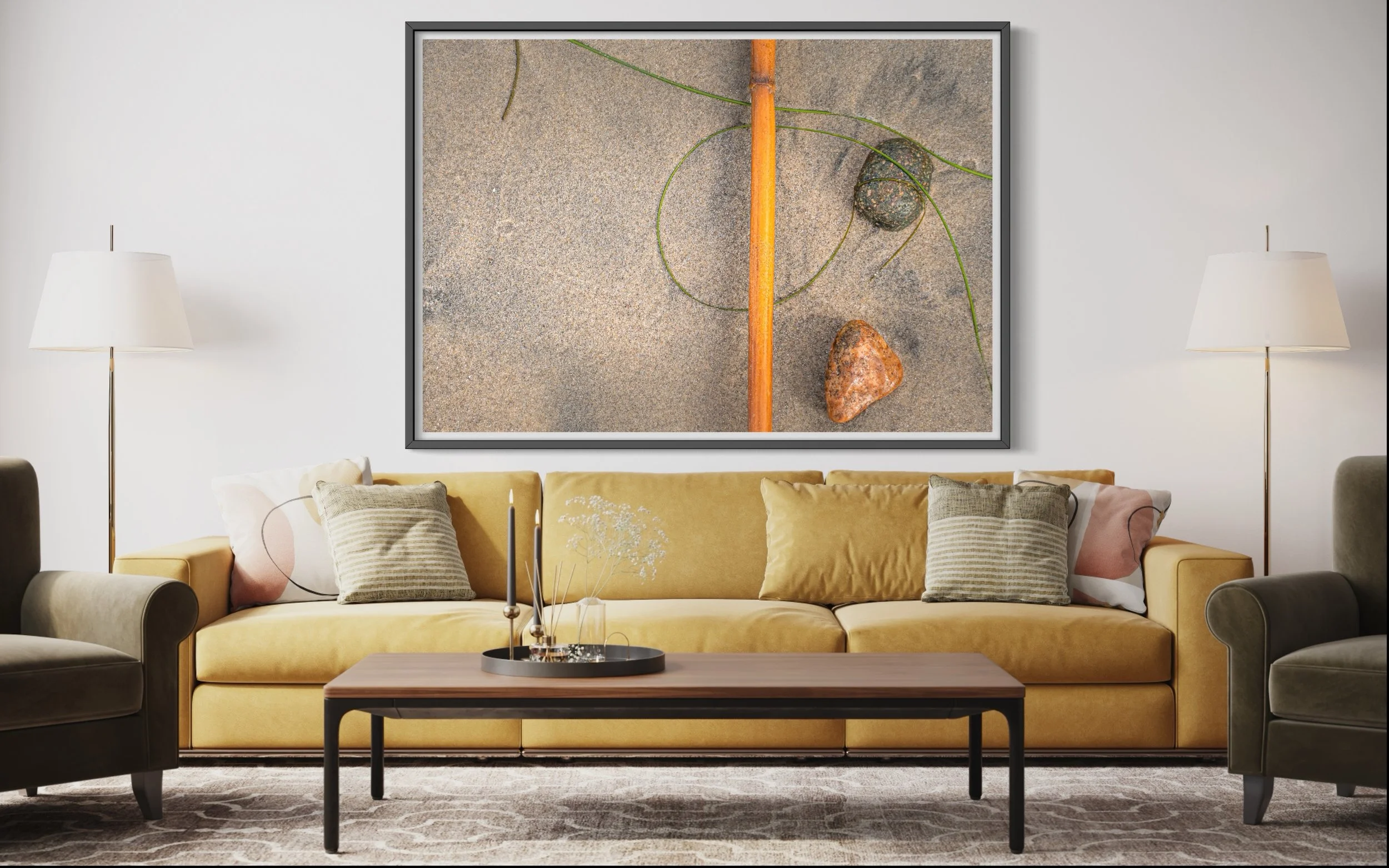 Fine art photograph of orange kelp, beach grass, and smooth stones naturally arranged by the tide on Oceanside Beach.