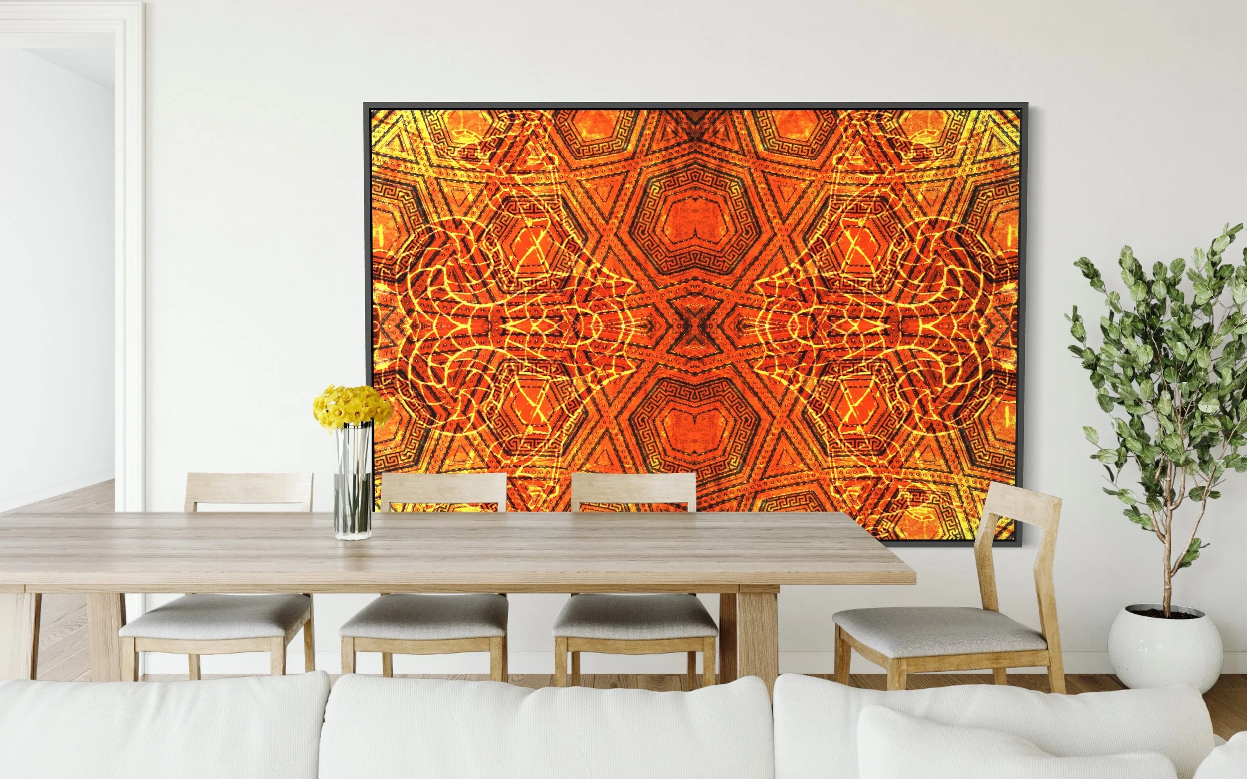 Large-scale installation of Gilded Mirage by Charles Maring, a gold photographic abstraction displayed behind a desk in a contemporary interior.