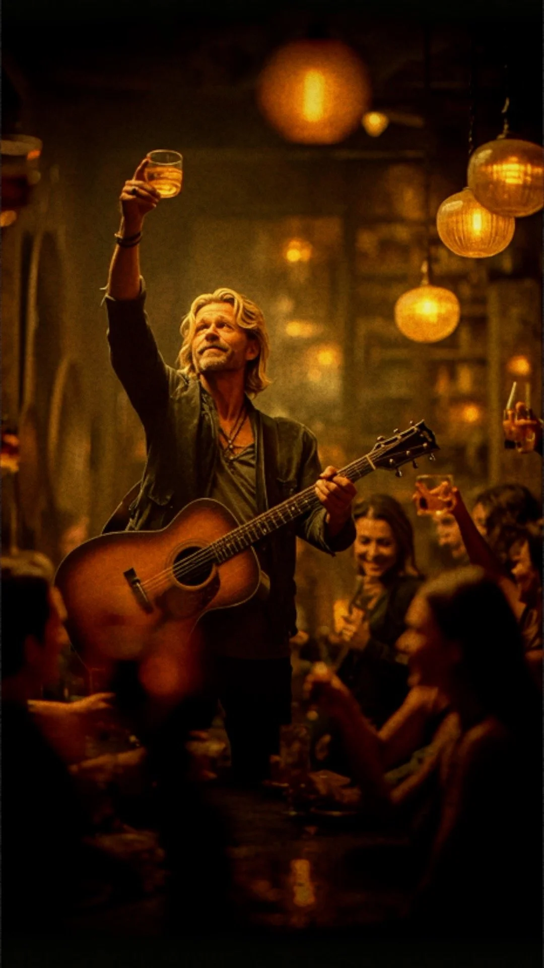 A musician raises a glass with the crowd in a local bar