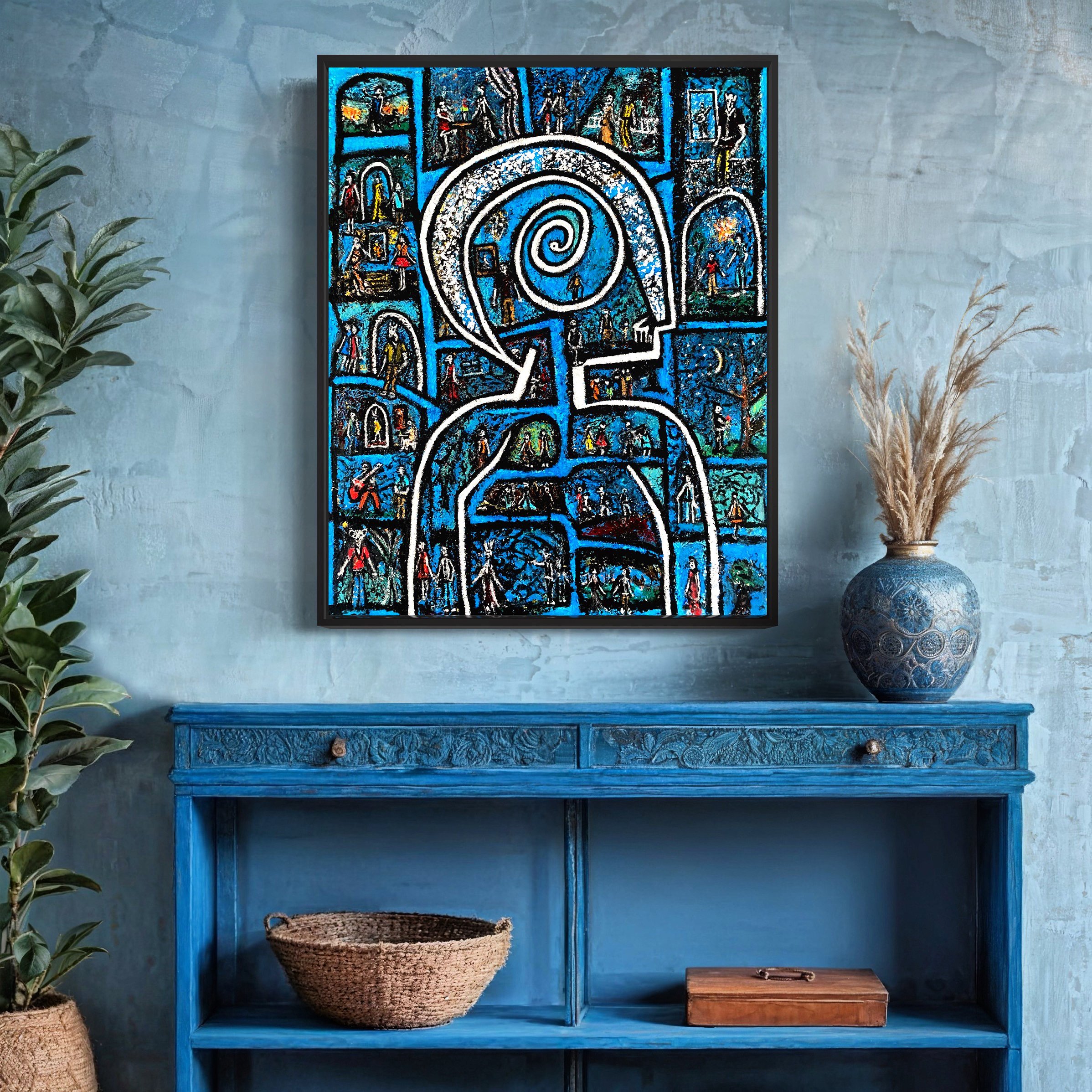 Abstract iridescent blue painting featuring fleeting, unusual characters in motion by Savannah GA Artist Charles Maring