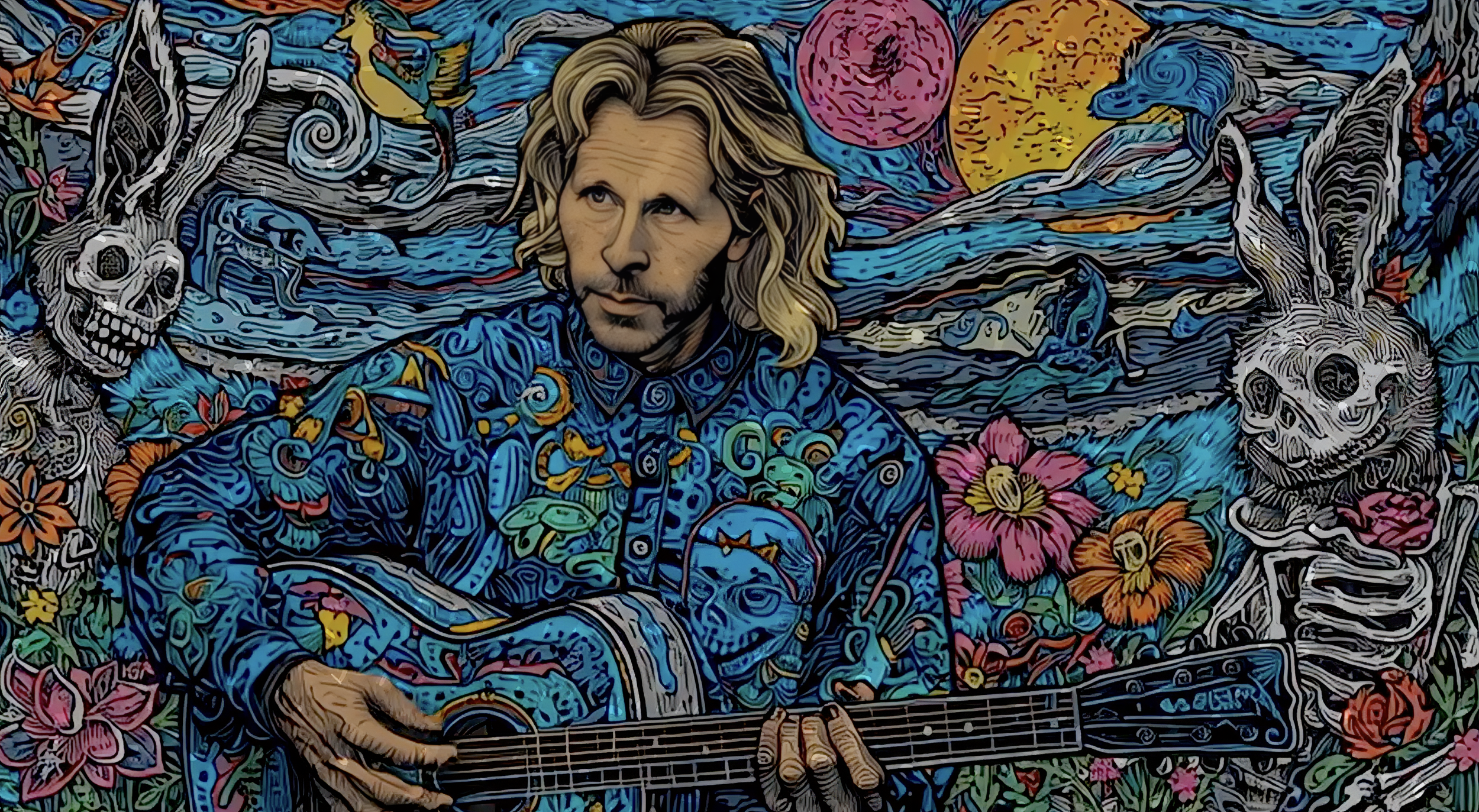 Animated interpretation of musician Charles Maring playing guitar in a surreal world inspired by his painting The Inside Out.