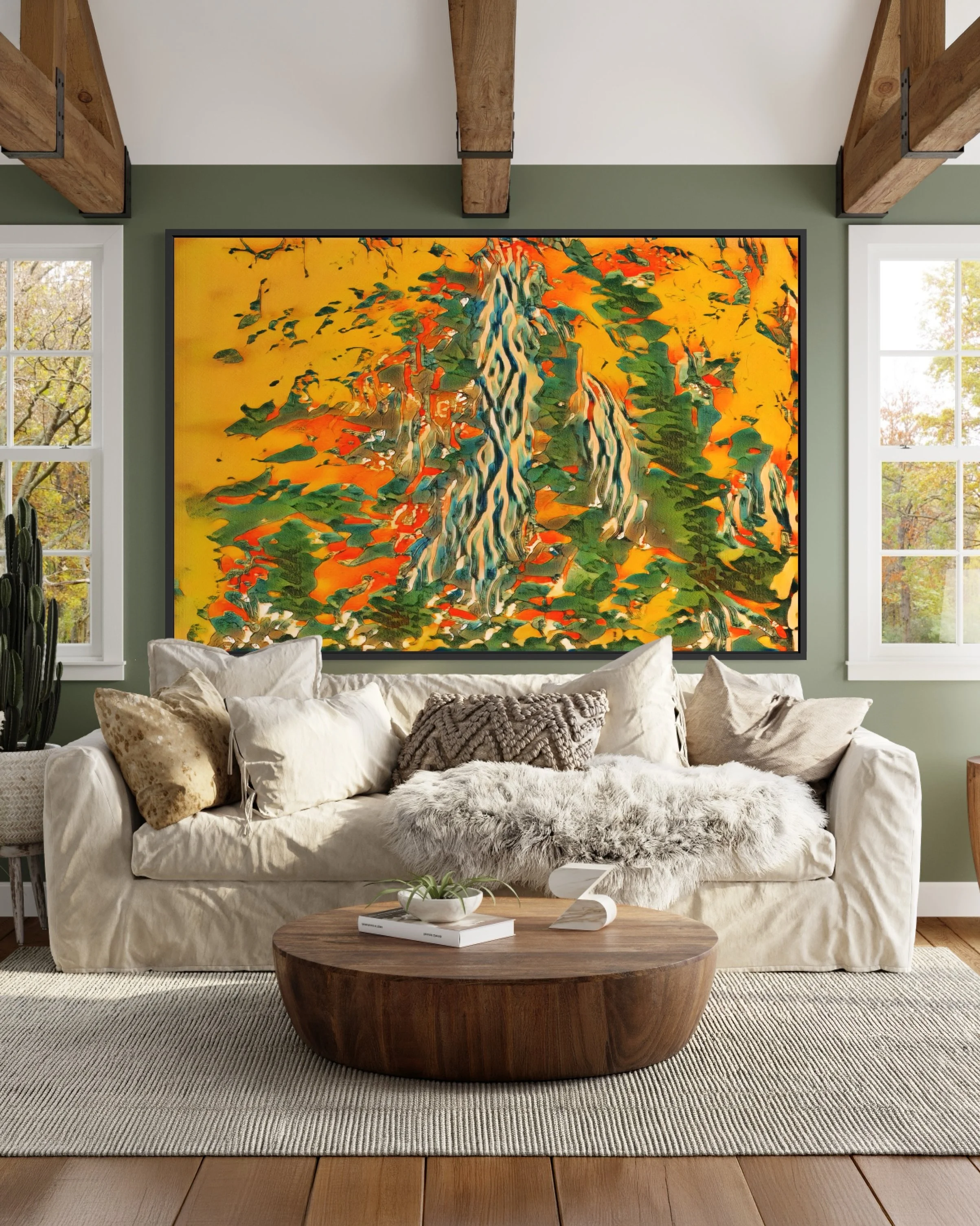 Large scale abstract digital artwork by Charles Maring displayed in a contemporary interior above a sofa.