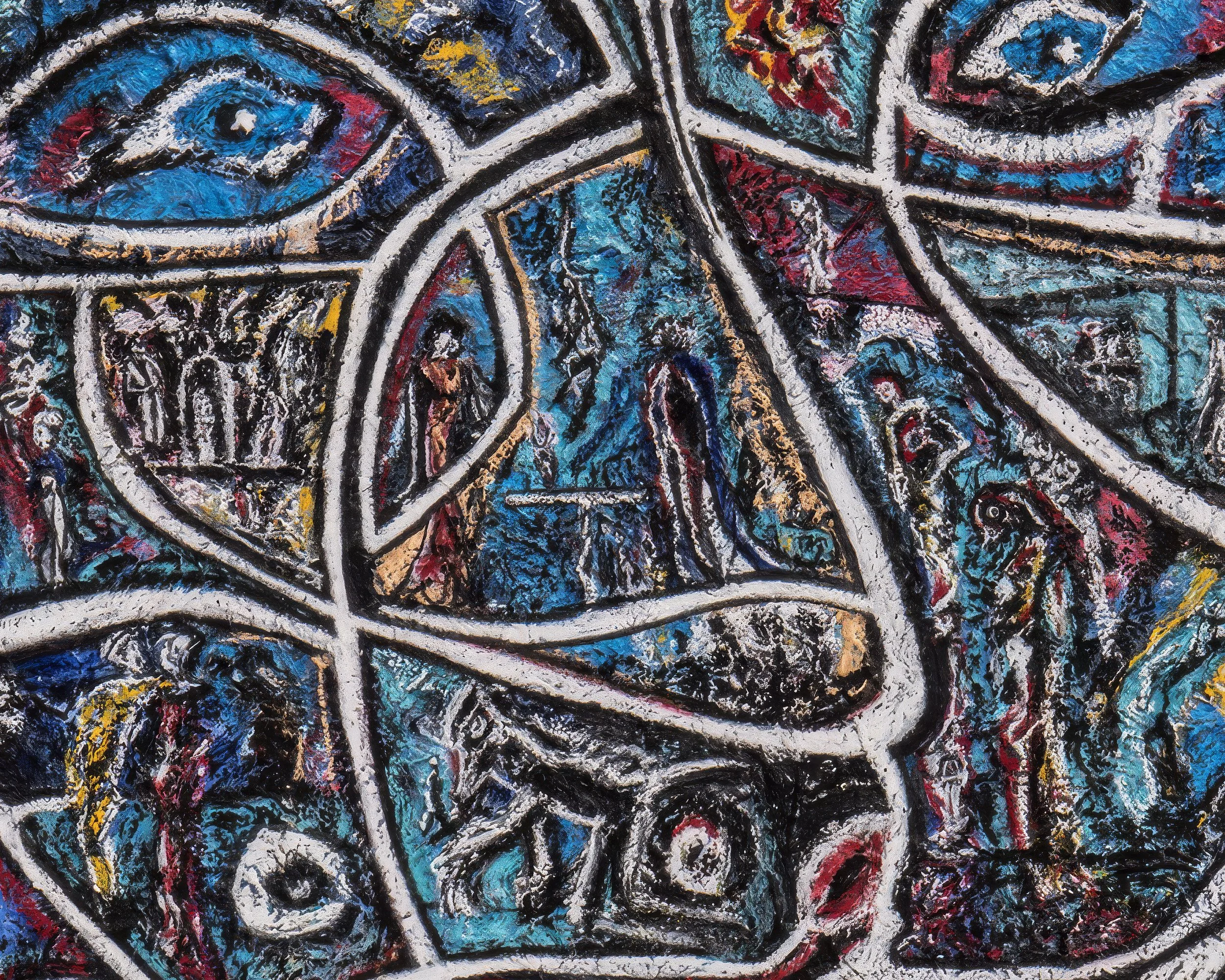 Close detail of The Inside Out by Charles Maring showing deeply layered paint, textured brushwork and iridescent pigments.