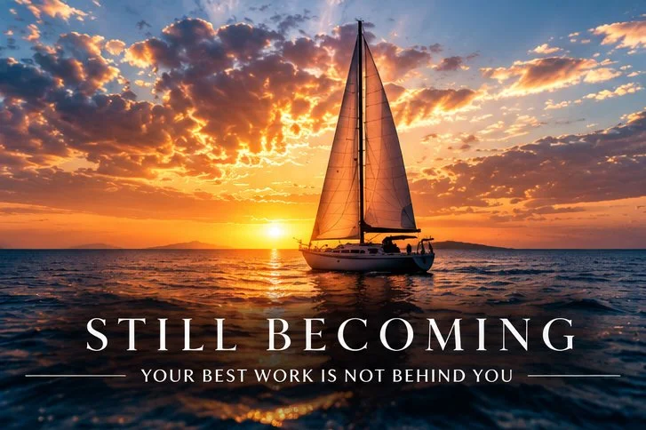 Still Becoming keynote by Charles Maring, featuring a sailboat at sunset as a symbol of reinvention, personal growth, and possibility.