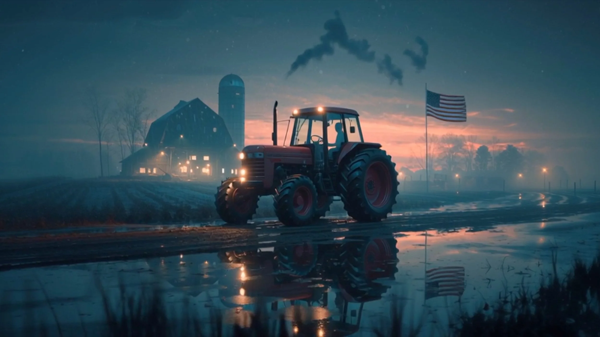 Tractor beside a barn and American flag at dusk in a cinematic rural farming scene.